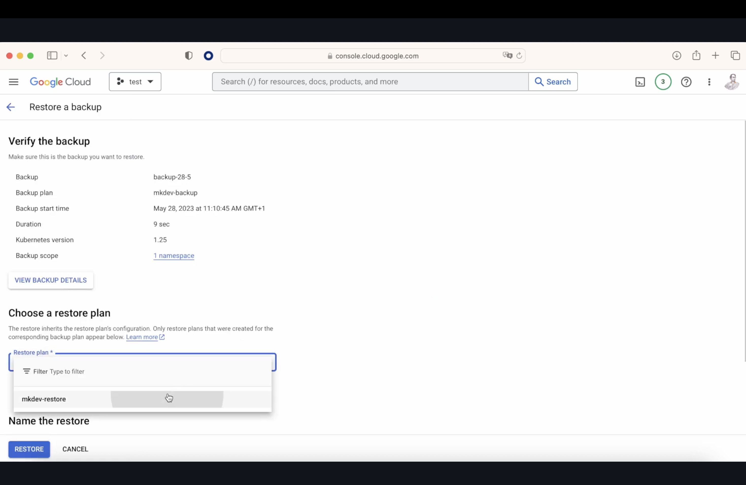 Screenshot of Google Cloud Console showing a 'Restore a backup' page with options to verify backup details and choose a restore plan.