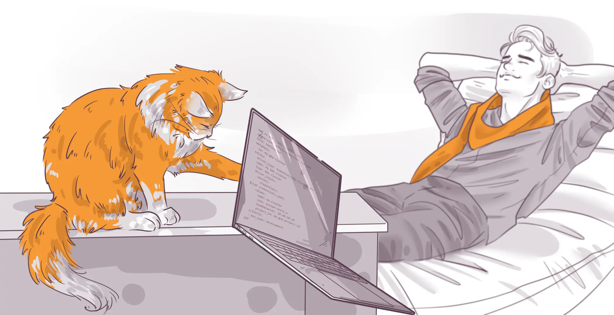 Illustration of an orange cat sitting in front of an open laptop with code on the screen, while a person lounges in the background with hands behind their head.