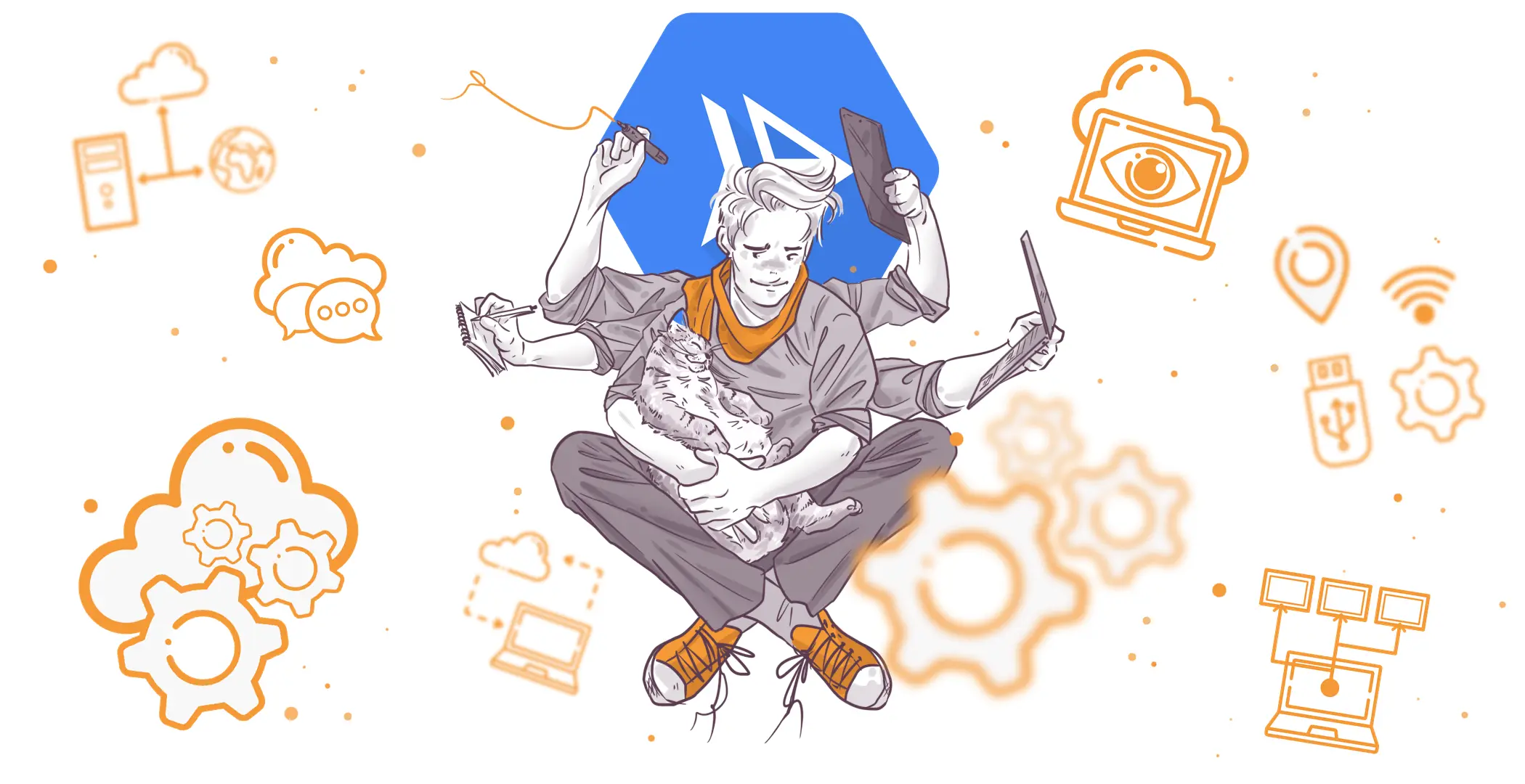 Illustration of a person multitasking with technology and a cat, surrounded by tech-related icons, against a backdrop with a large letter 'N'.