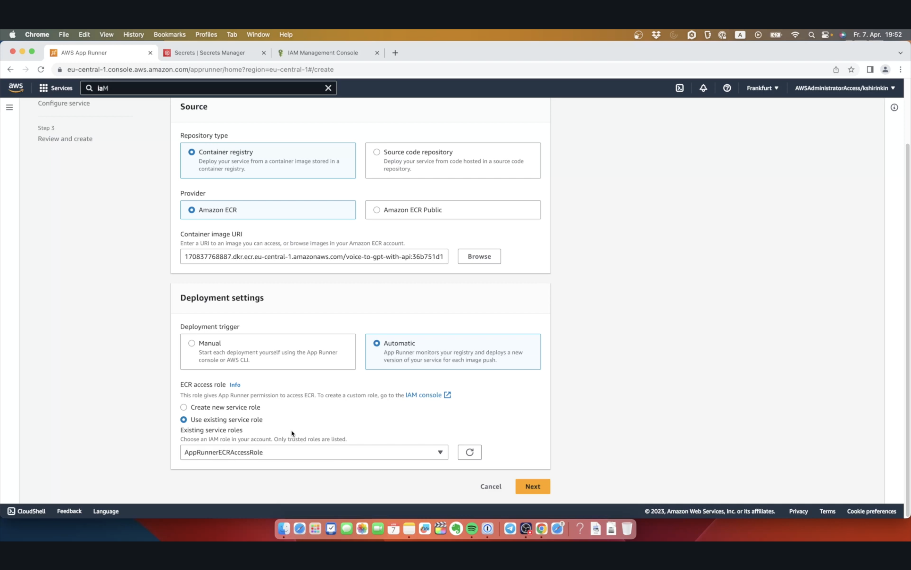 Screenshot of AWS App Runner configuration page with settings for 'Source' and 'Deployment settings' with selected options for a container registry source and manual deployment trigger.