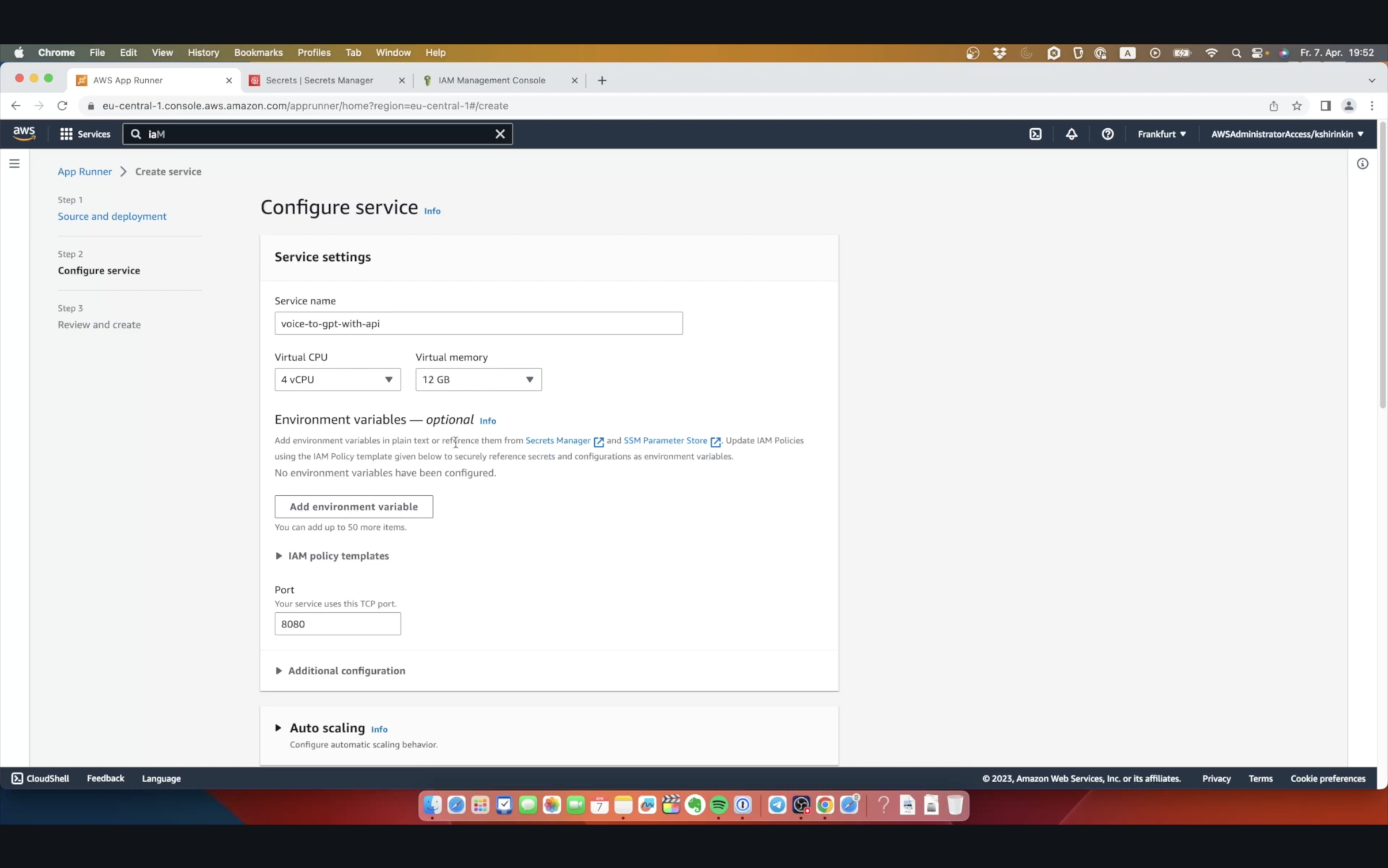 Screenshot of AWS App Runner configuration page with fields for service name, virtual CPU, and virtual memory selection, as well as environment variable options.