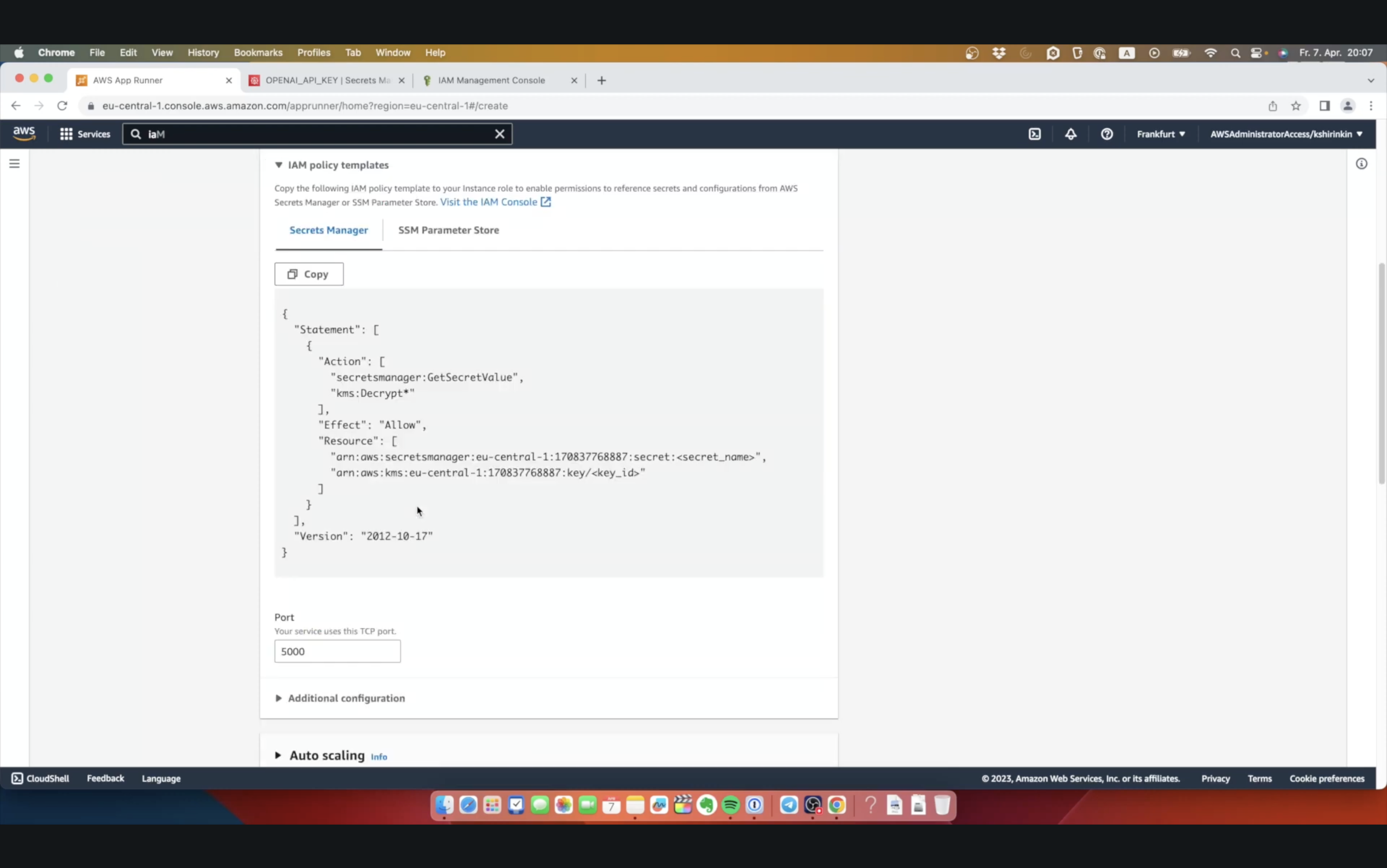 Screenshot of an AWS management console with IAM policy templates including JSON code for Secret Manager and KMS decryption services, and additional configuration details visible.