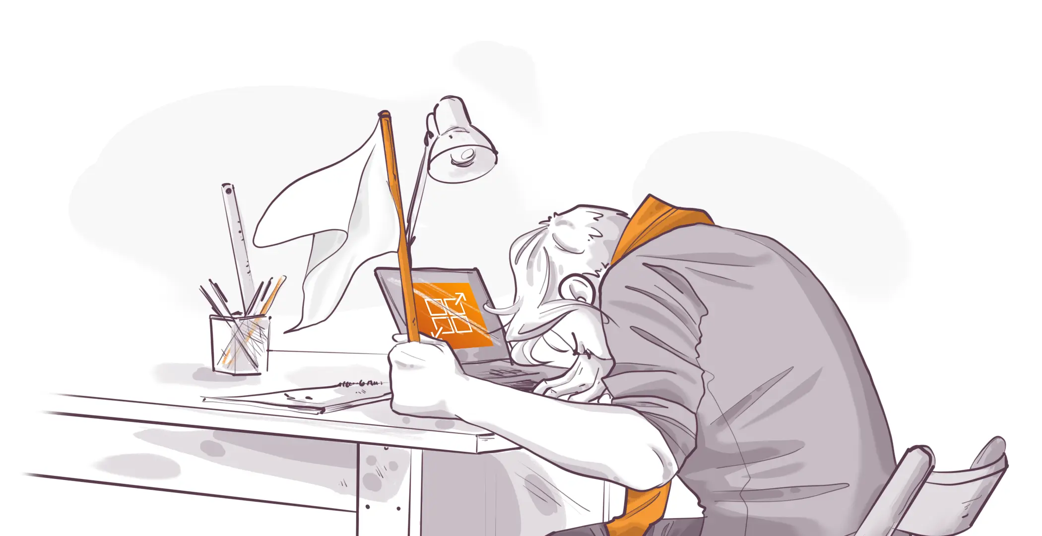 Illustration of a person focused on drawing at a desk with a sketchpad, pencils, and desk lamp, in a monochrome color scheme with orange accents.