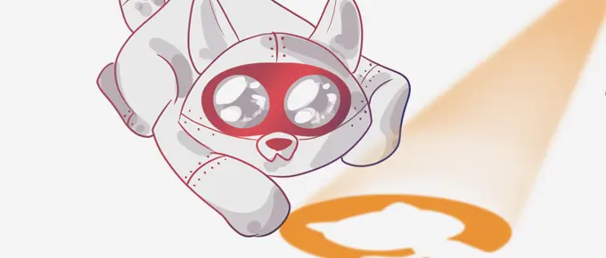 Illustration of a stylized, anthropomorphic animal in free fall, with a red mask and large, expressive eyes, against a light background with a blurry orange element.