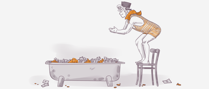 Illustration of a vintage male swimmer in a striped swimsuit and top hat, hesitantly preparing to dive into a bathtub full of gold coins and cash.