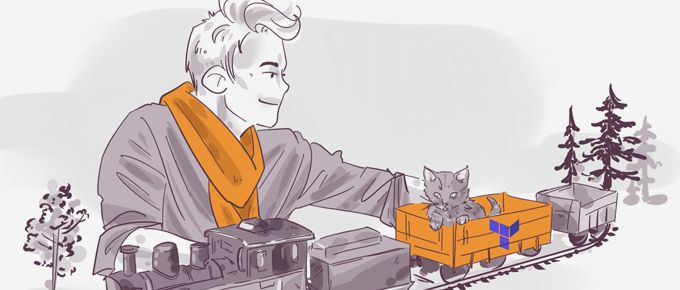 Illustration of a person smiling at a kitten sitting in a small toy train, with stylized trees in the background.