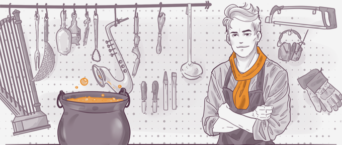 Illustration of a smiling young wizard with crossed arms wearing a scarf and robe, beside a bubbling cauldron and a wall of magical items like wands and potion bottles.