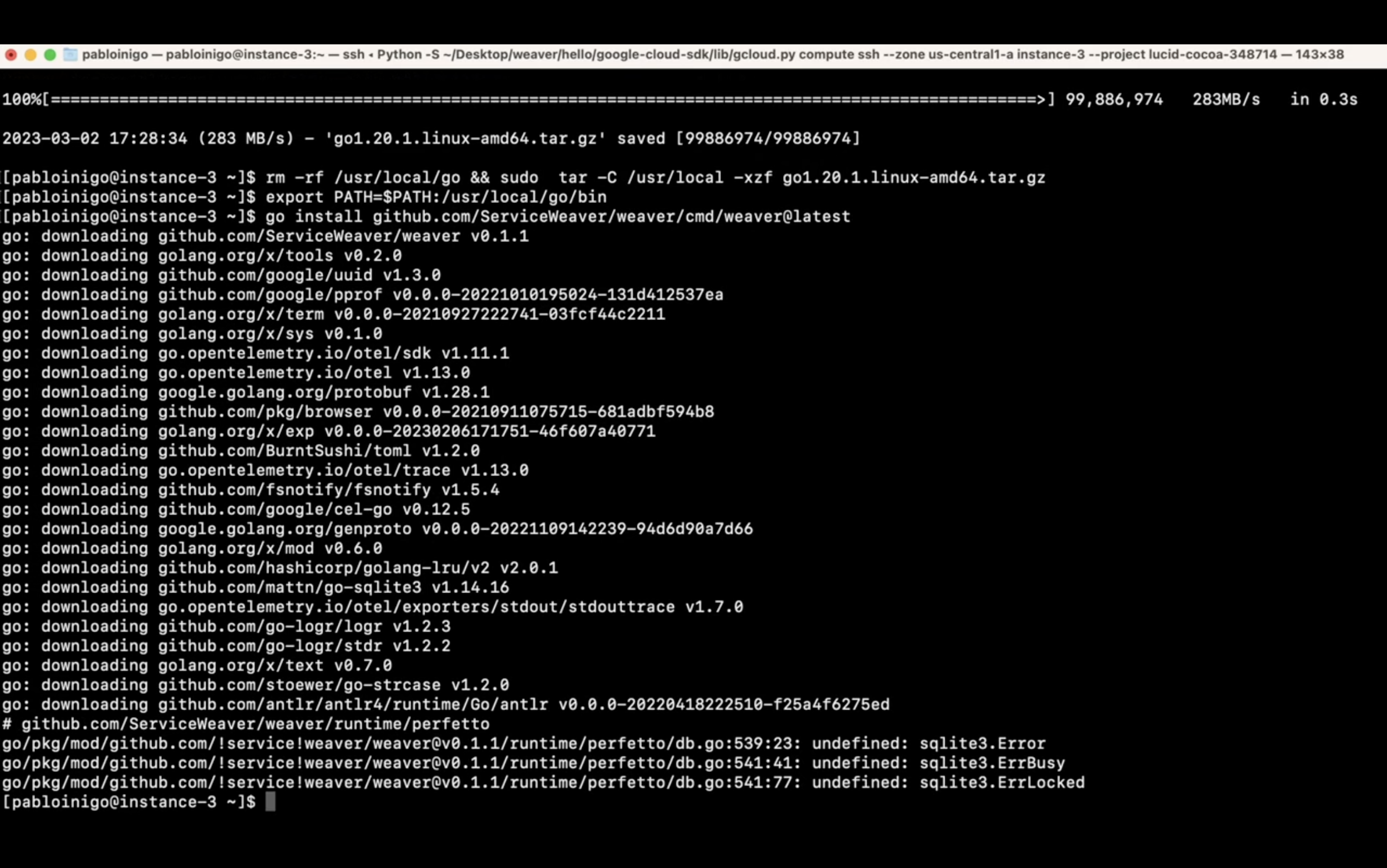 A screenshot of a computer terminal displaying commands and outputs, with text indicating downloading packages and ending with error messages about an undefined SQLite3 error.