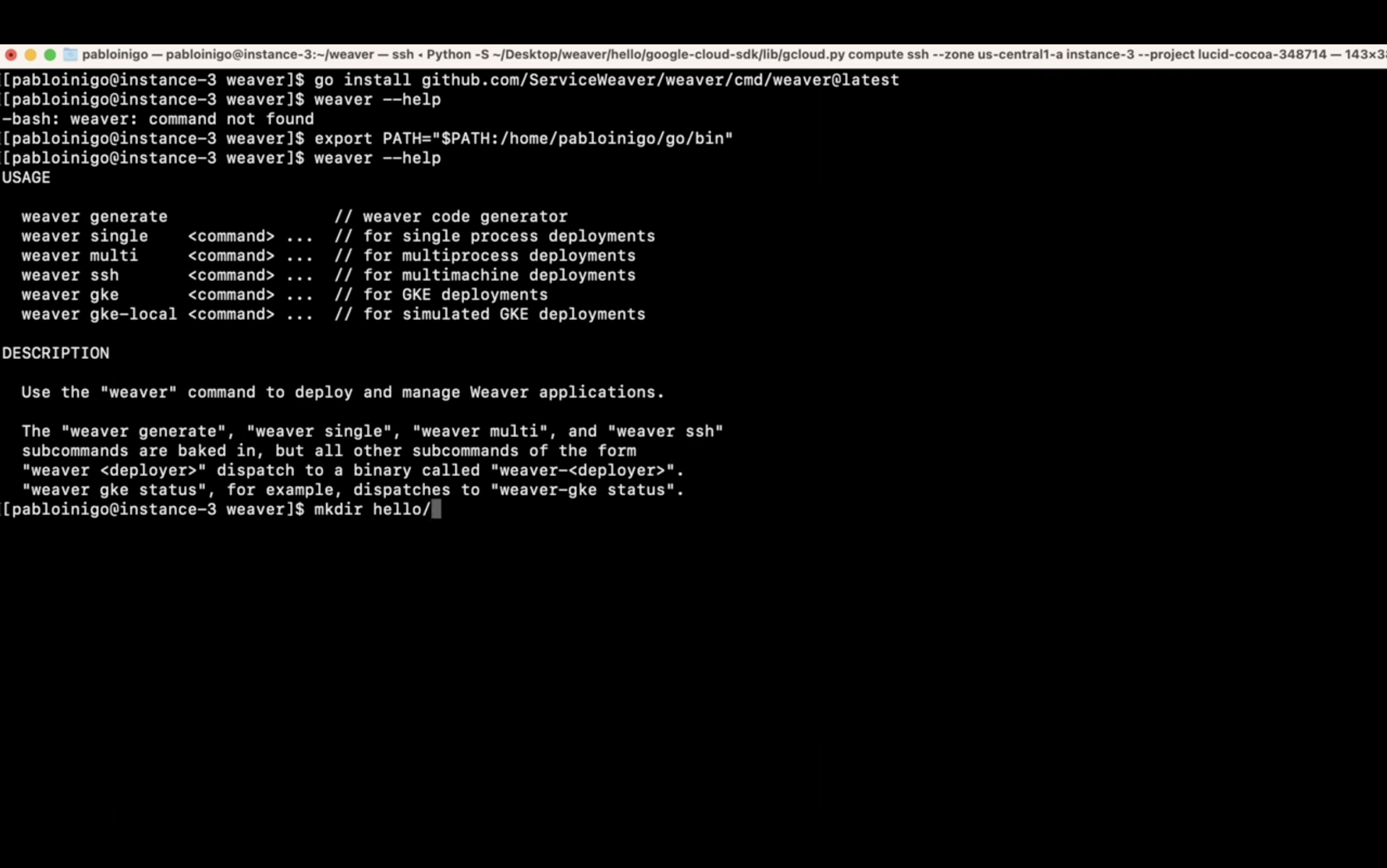 Command line interface showing a 'weaver' command help menu, including usage instructions for code generation and deployment, and a user typing a 'mkdir' command.