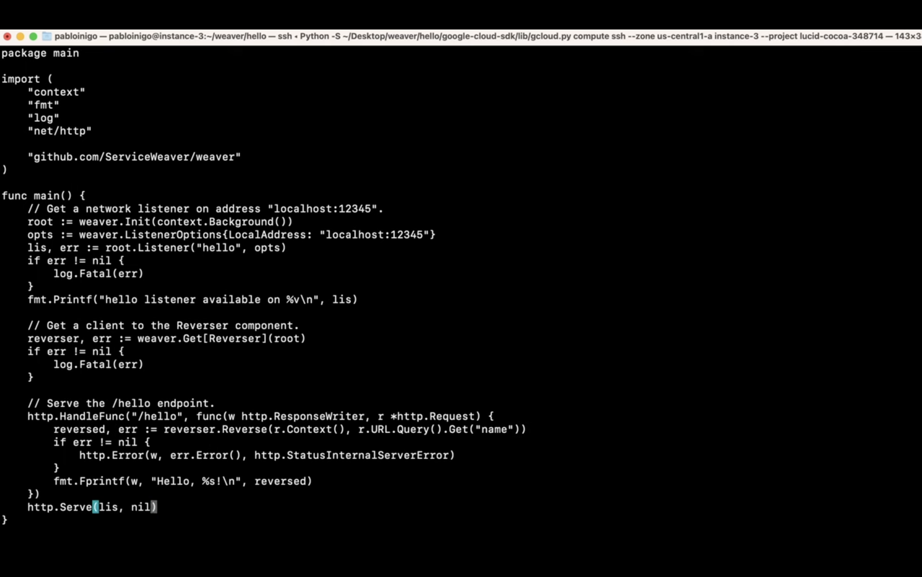 A screenshot of computer code in Go language, showing an example of HTTP server setup displaying import statements and a main function with comments, error handling, and print statements.