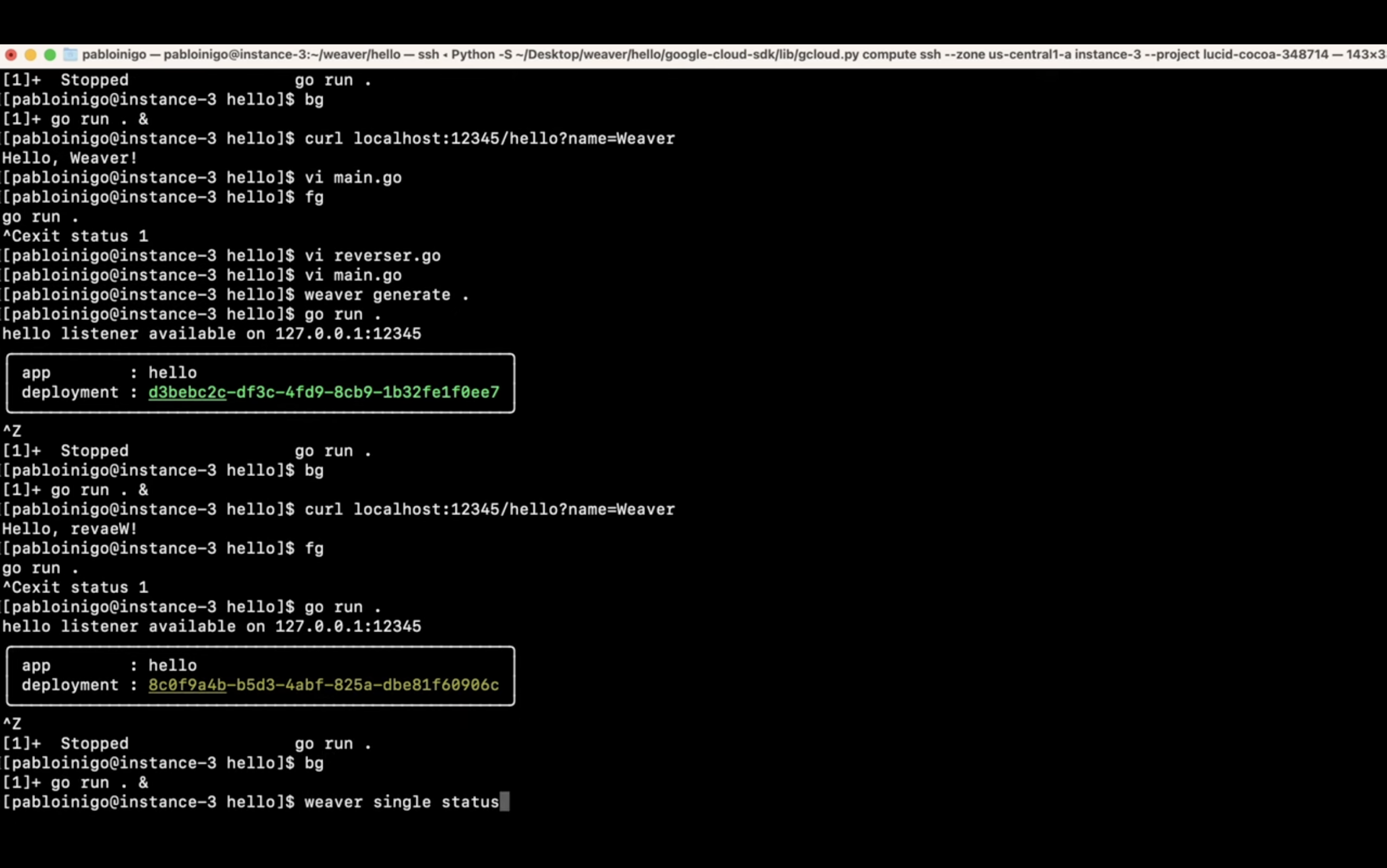 A screenshot of a computer terminal with text indicating command-line operations in Go programming language, output from a web server application, and use of curl to make HTTP requests.