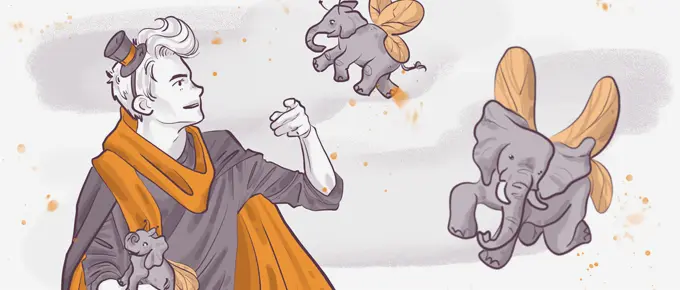 Illustration of a stylized person with a cape, gesturing towards flying elephants that are emerging from a scattering of leaves, all colored in a soft, limited palette.