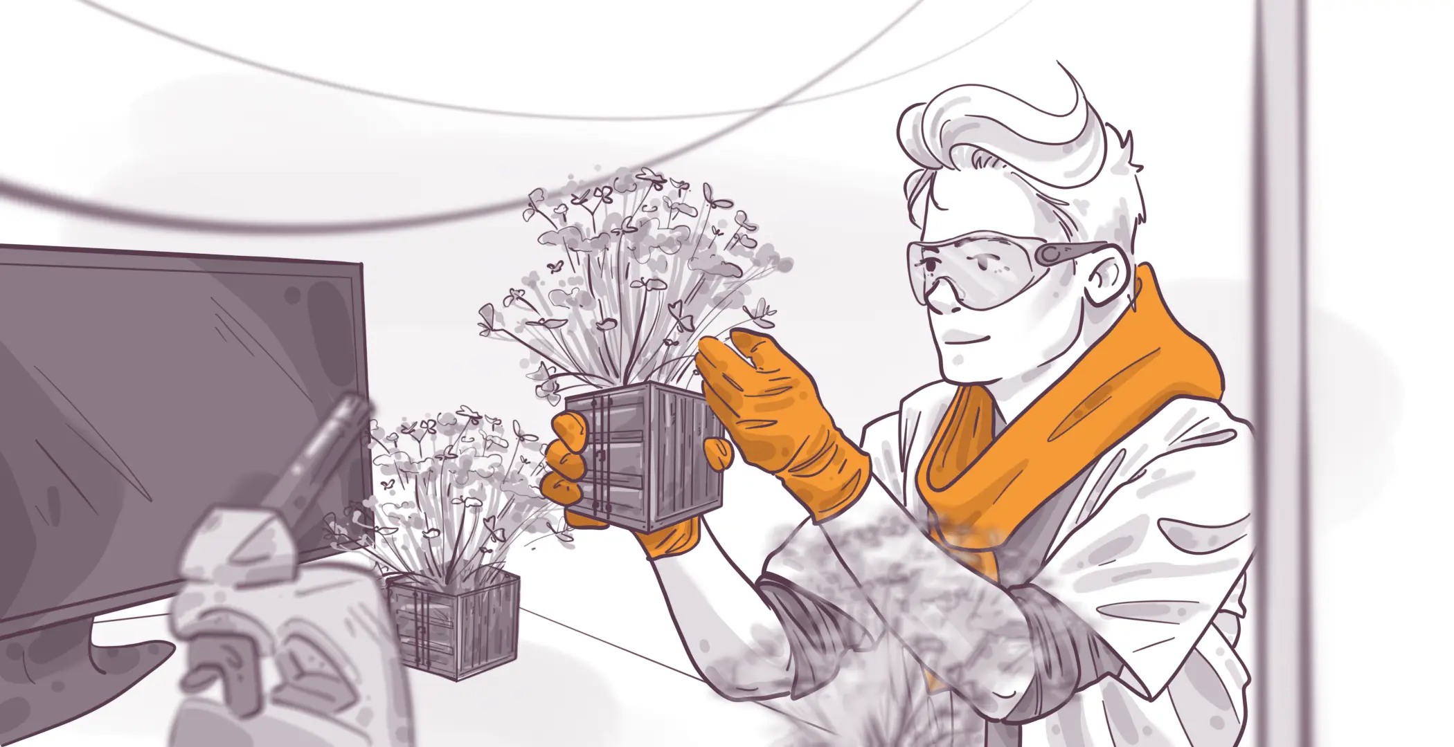 Illustration of a person in a lab coat and protective gloves examining a potted plant in a scientific laboratory setting, with a monitor in the background.