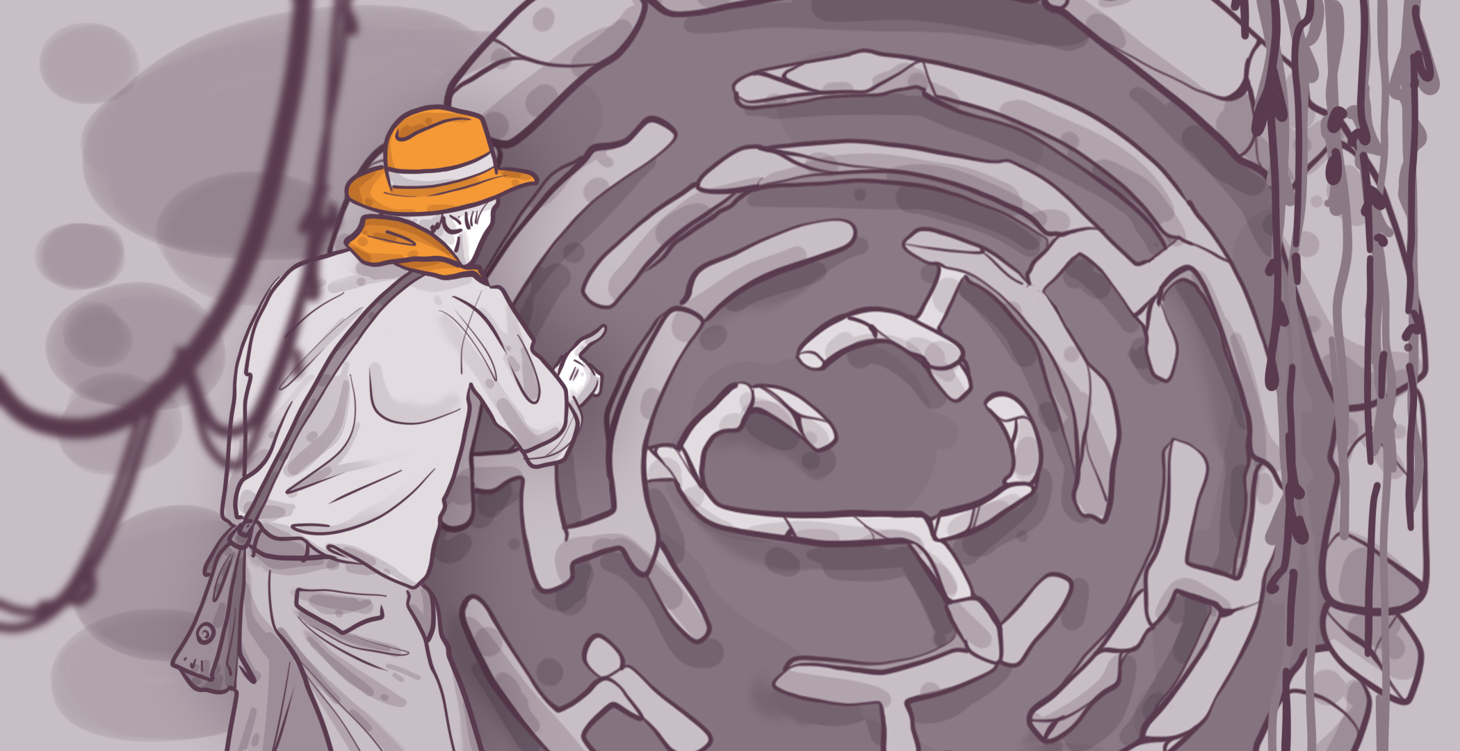 Person in a white shirt and orange hat analyzing a large circular maze on a wall; abstract art style with soft shadows and vines on the right edge.