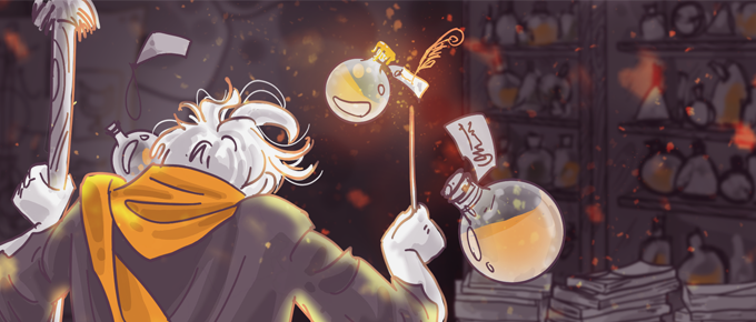 Illustration of a whimsical alchemist with goggles, enthusiastically conducting an experiment with bubbling flasks, amidst a chaotic backdrop of potions and books.