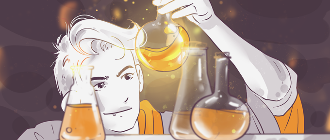 Illustration of a person with blonde hair conducting a science experiment with beakers filled with glowing orange liquid, looking intrigued and focused on the reaction.