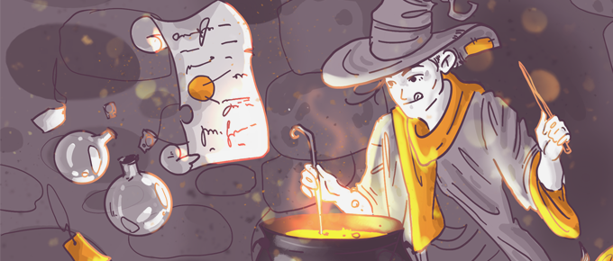 Illustration of a witch brewing a potion in a cauldron with floating magical items and a recipe scroll, in a dimly lit, mystical setting.