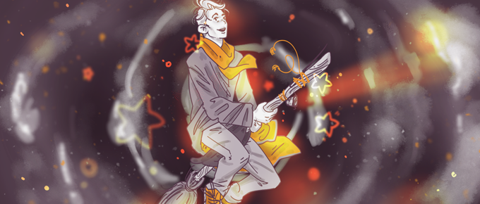 Illustration of a whimsical character playing a violin surrounded by floating musical notes and a swirling cosmic background with stars and nebulas.