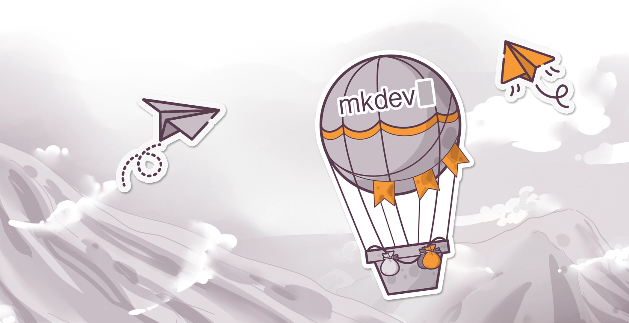 Illustration of a stylized hot air balloon with "mkdev" branding and two paper airplanes flying amongst clouds over a mountainous landscape.