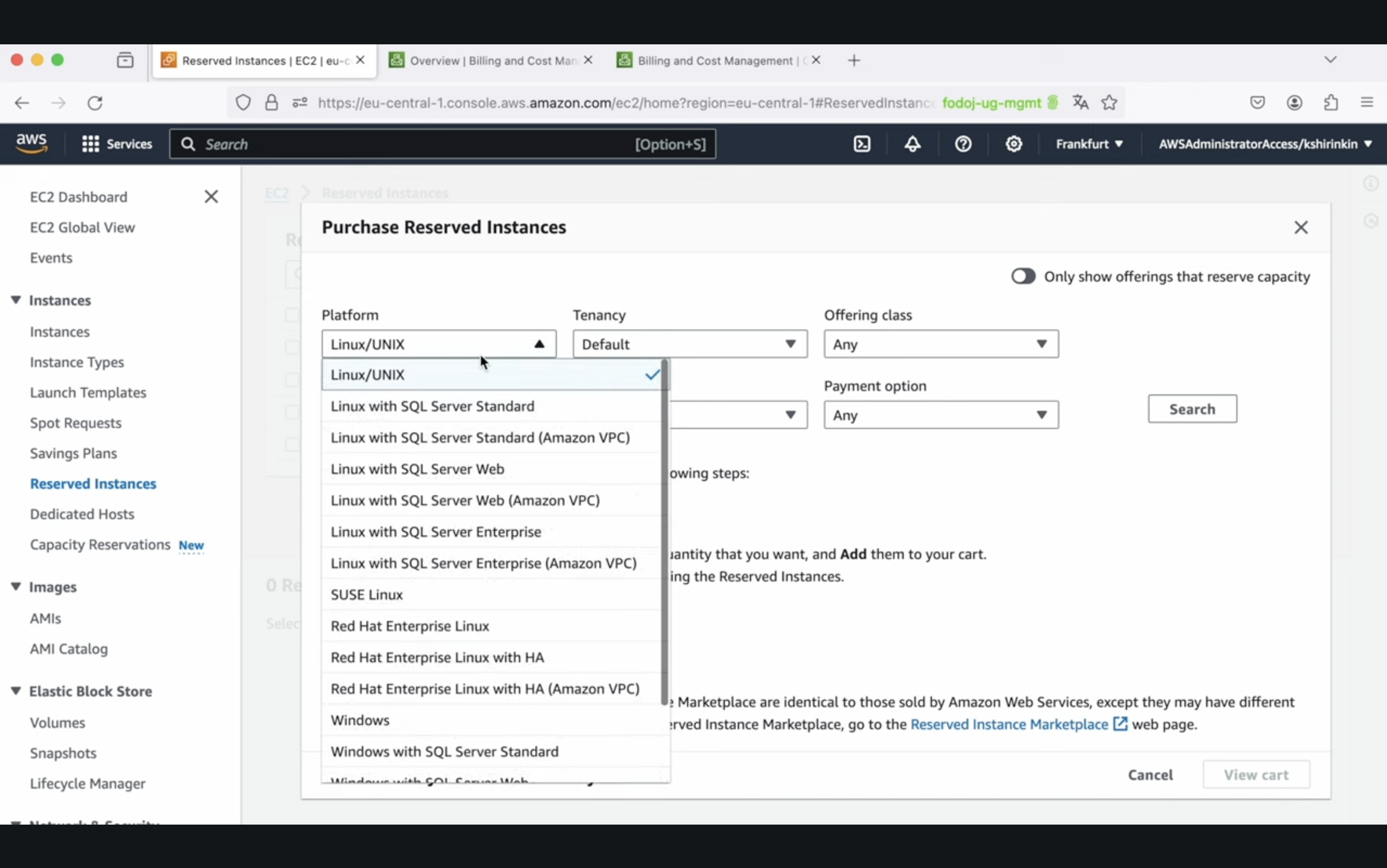 Screenshot of AWS Management Console focused on the 'Purchase Reserved Instances' page with drop-down menus for selecting platform, tenancy, offering class, and payment option.