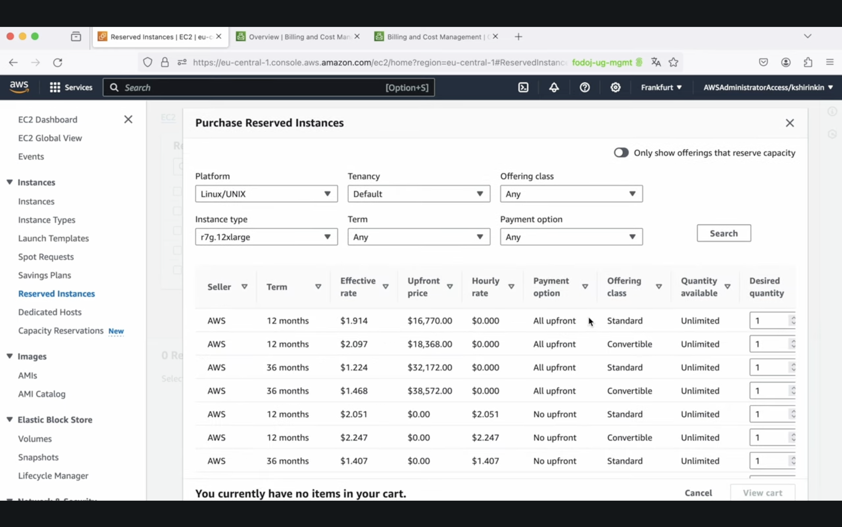 Screenshot of the AWS Management Console focused on the EC2 Reserved Instances purchase page, displaying different pricing options for Linux/UNIX instances.