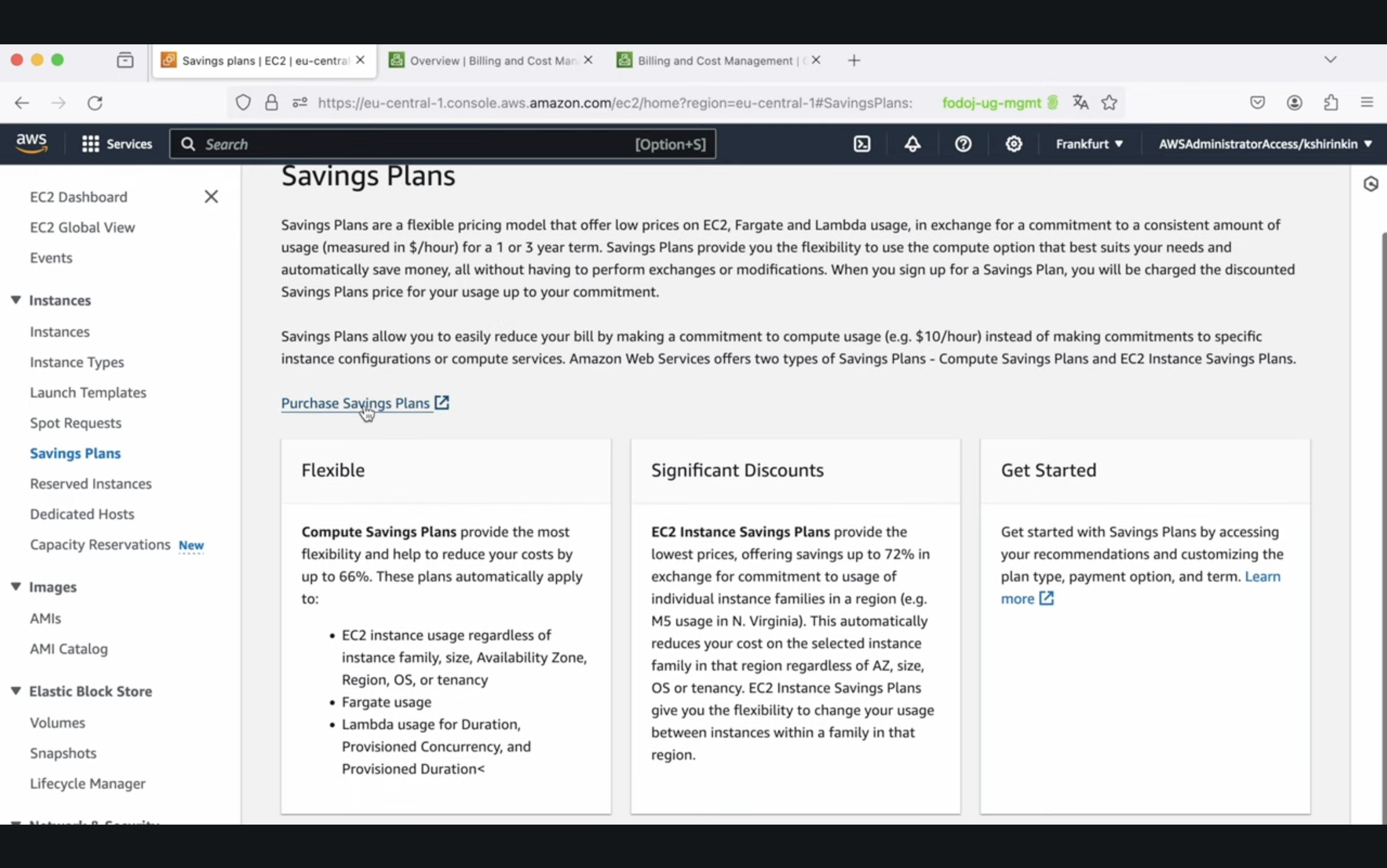 Screenshot of a webpage from Amazon Web Services (AWS) detailing their Savings Plans for EC2, along with menu options and user account information at the top right corner.