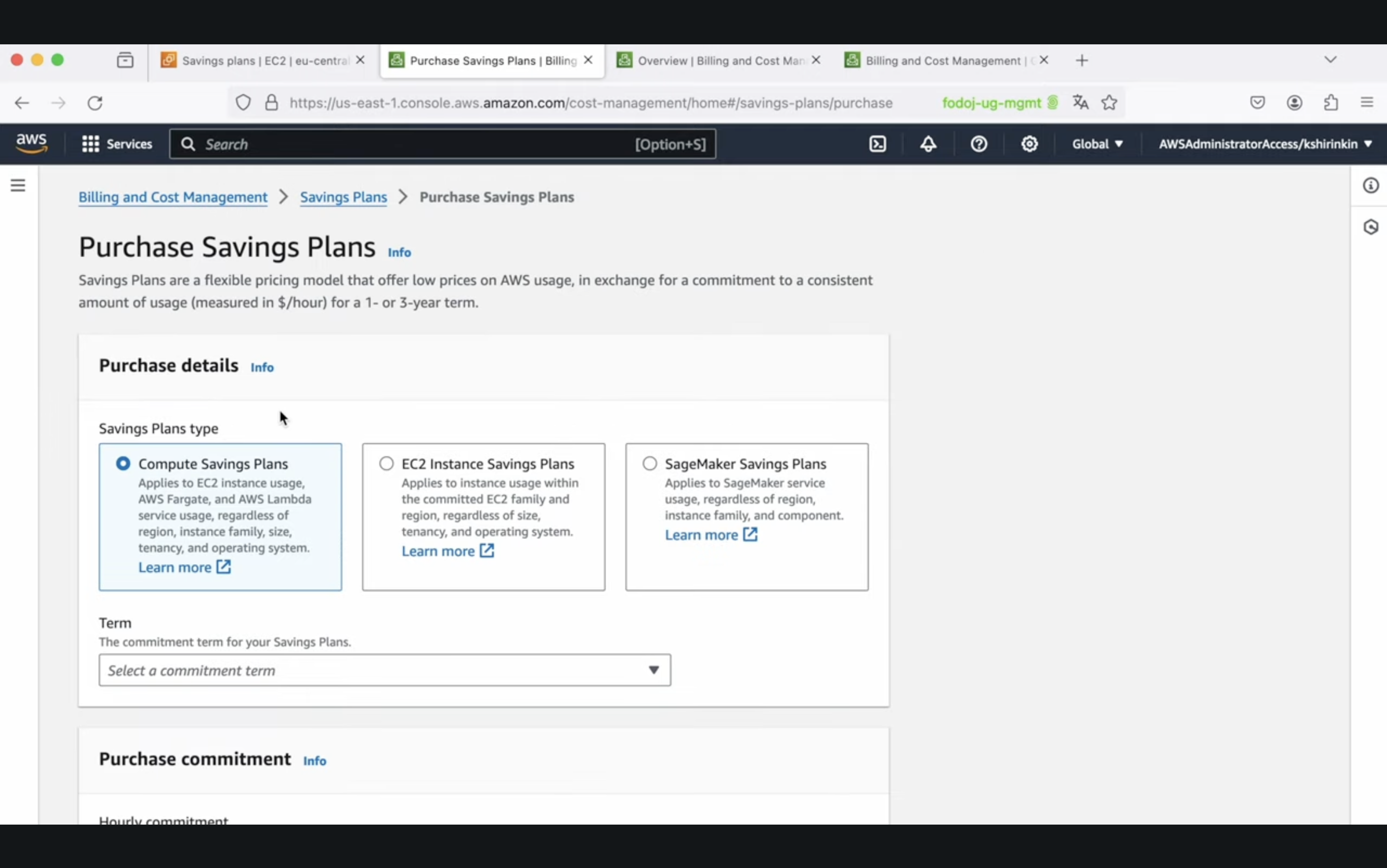 Screenshot of the AWS Management Console showing the 'Purchase Savings Plans' page with options for Compute Savings Plans, EC2 Instance Savings Plans, and SageMaker Savings Plans.