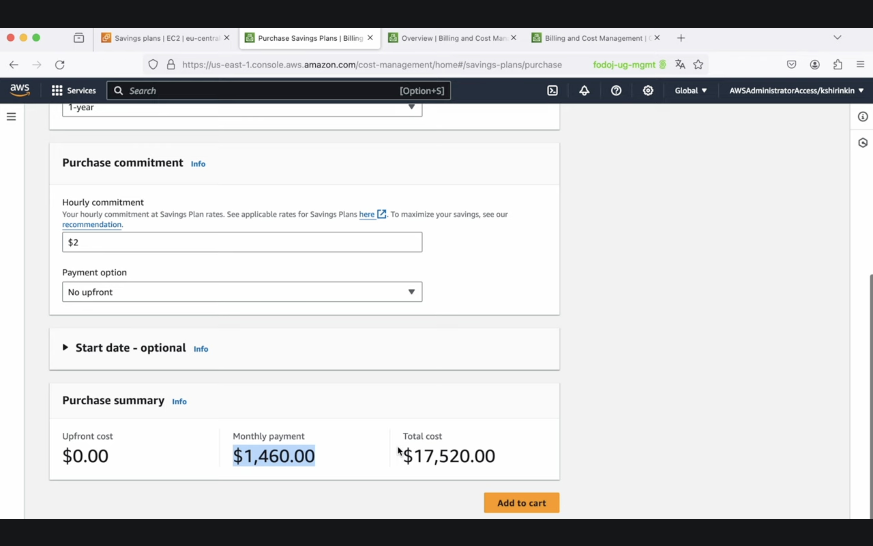 Screenshot of an AWS Savings Plan purchase page showing hourly commitment, payment option selections, and a purchase summary with upfront cost, monthly payment, and total cost.