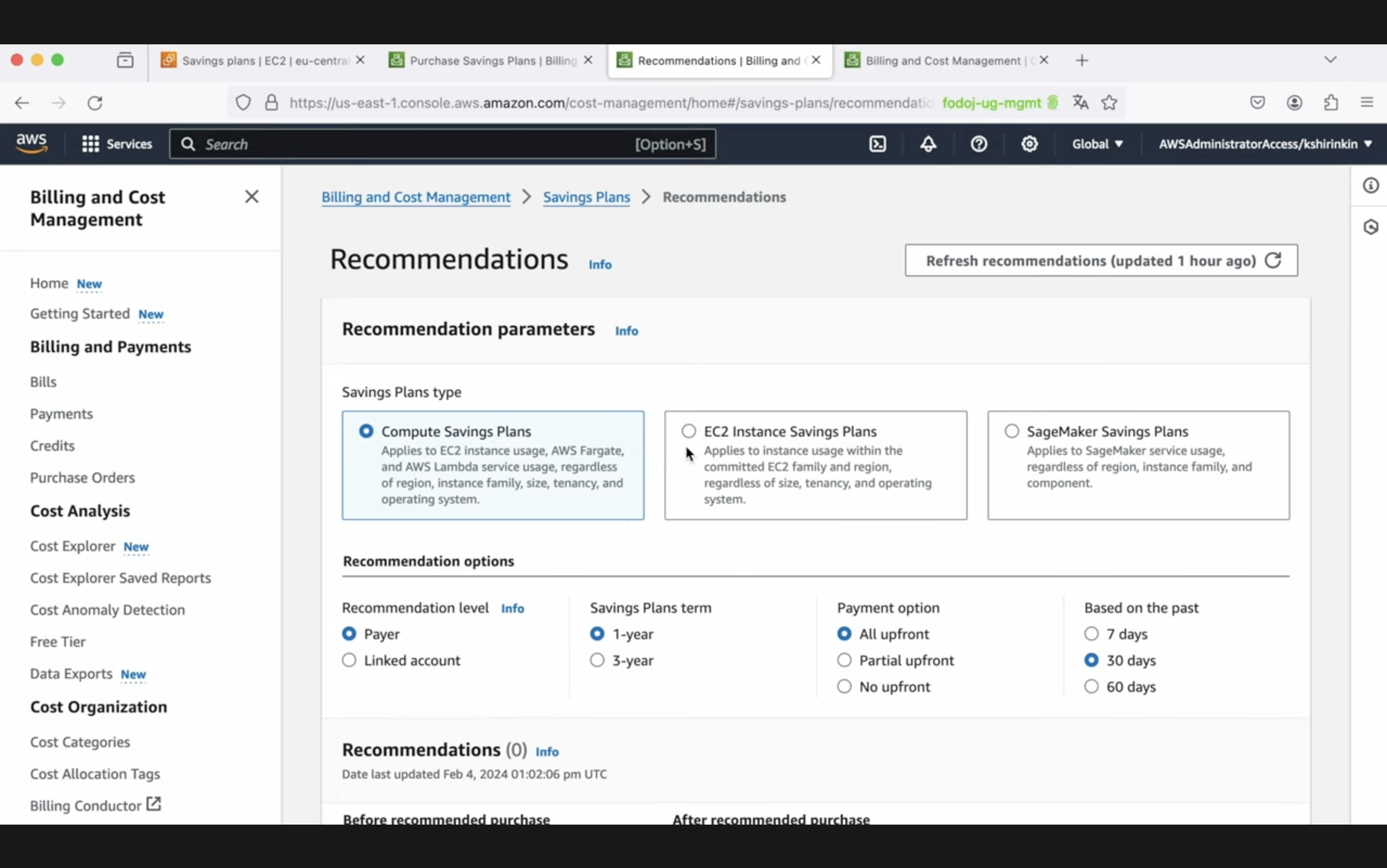 Screenshot of AWS Billing and Cost Management console showing the Savings Plans and Recommendations page with various parameters and options for cost savings.