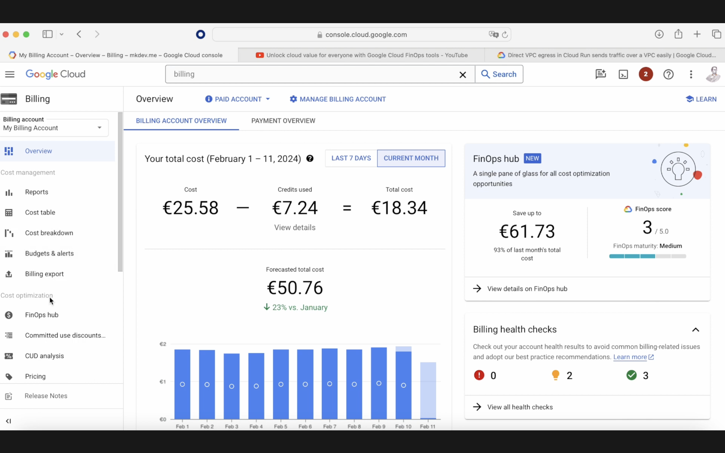 Screenshot of Google Cloud Billing dashboard showing an overview of costs, credits used, and a forecasted total cost, along with a daily cost graph and a FinOps hub section for cost optimization.