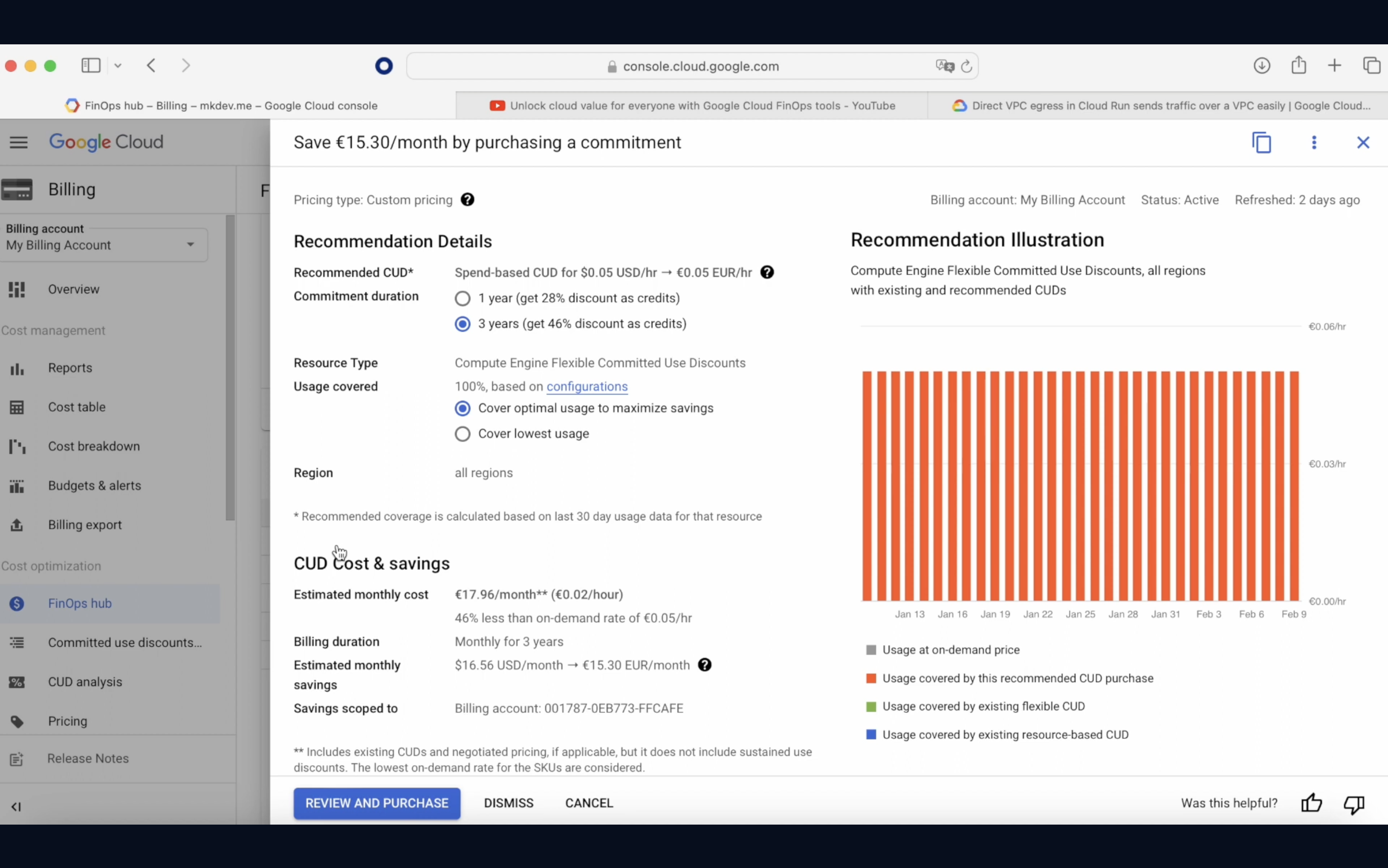 Screenshot of Google Cloud Console with billing information, displaying cost-saving recommendations and a chart for Committed Use Discounts (CUDs).