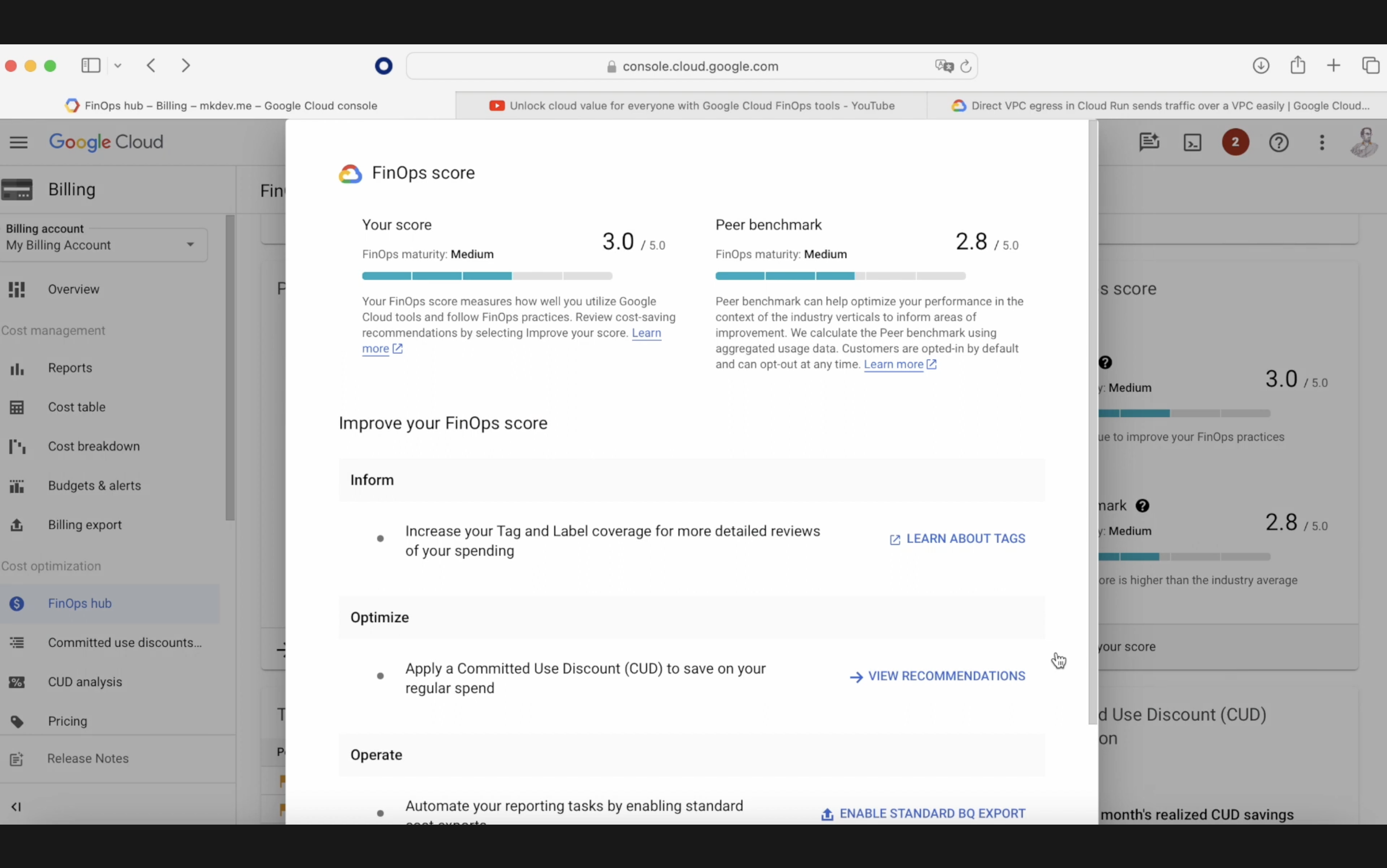 Screenshot of Google Cloud console showing the FinOps Hub with a FinOps score section including performance metrics and recommendations for cost optimization.