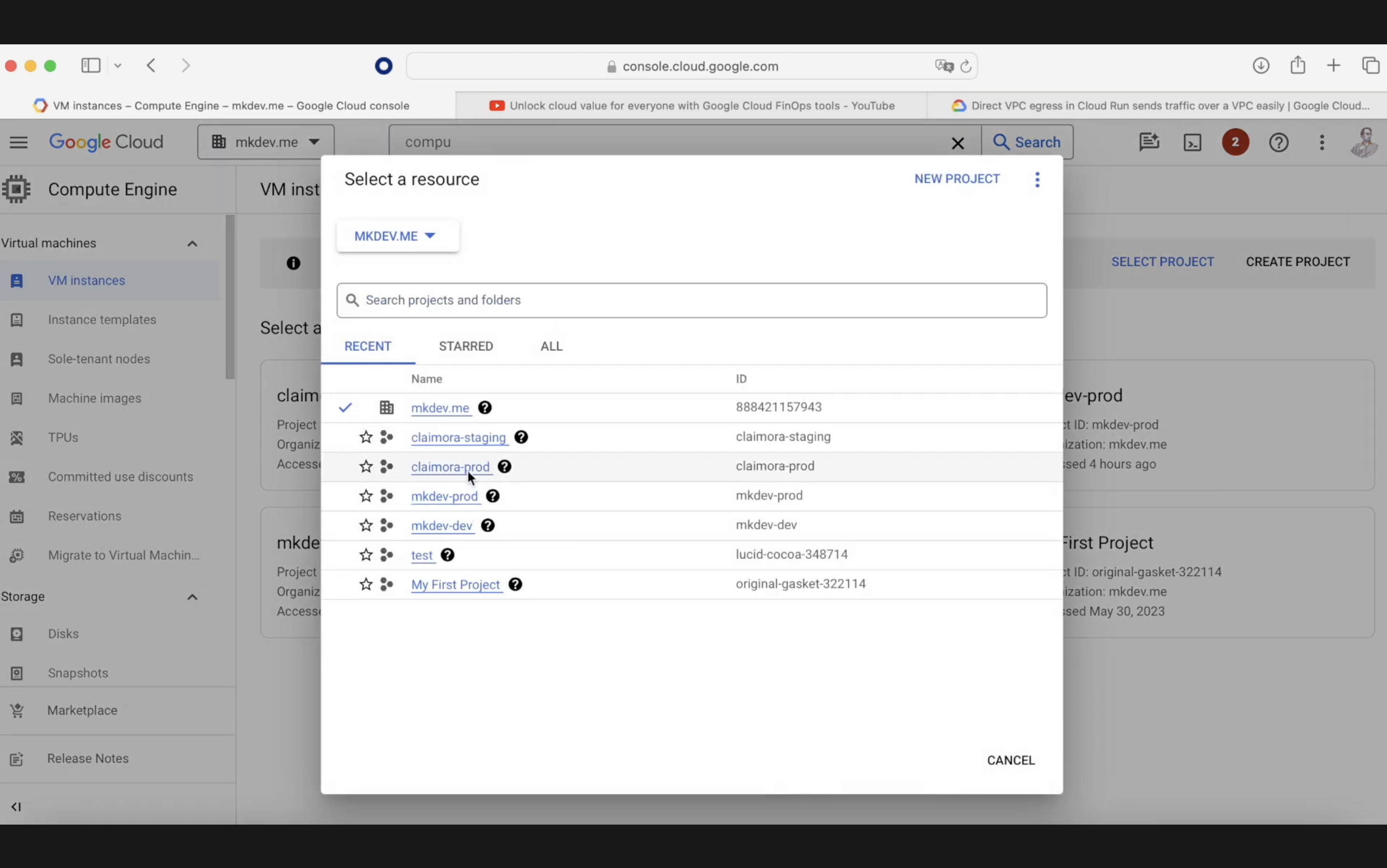 A screenshot of the Google Cloud Console with the 'Select a resource' dialog box open, showing a list of projects, with the 'mkdev.me' project highlighted and ready to be selected.