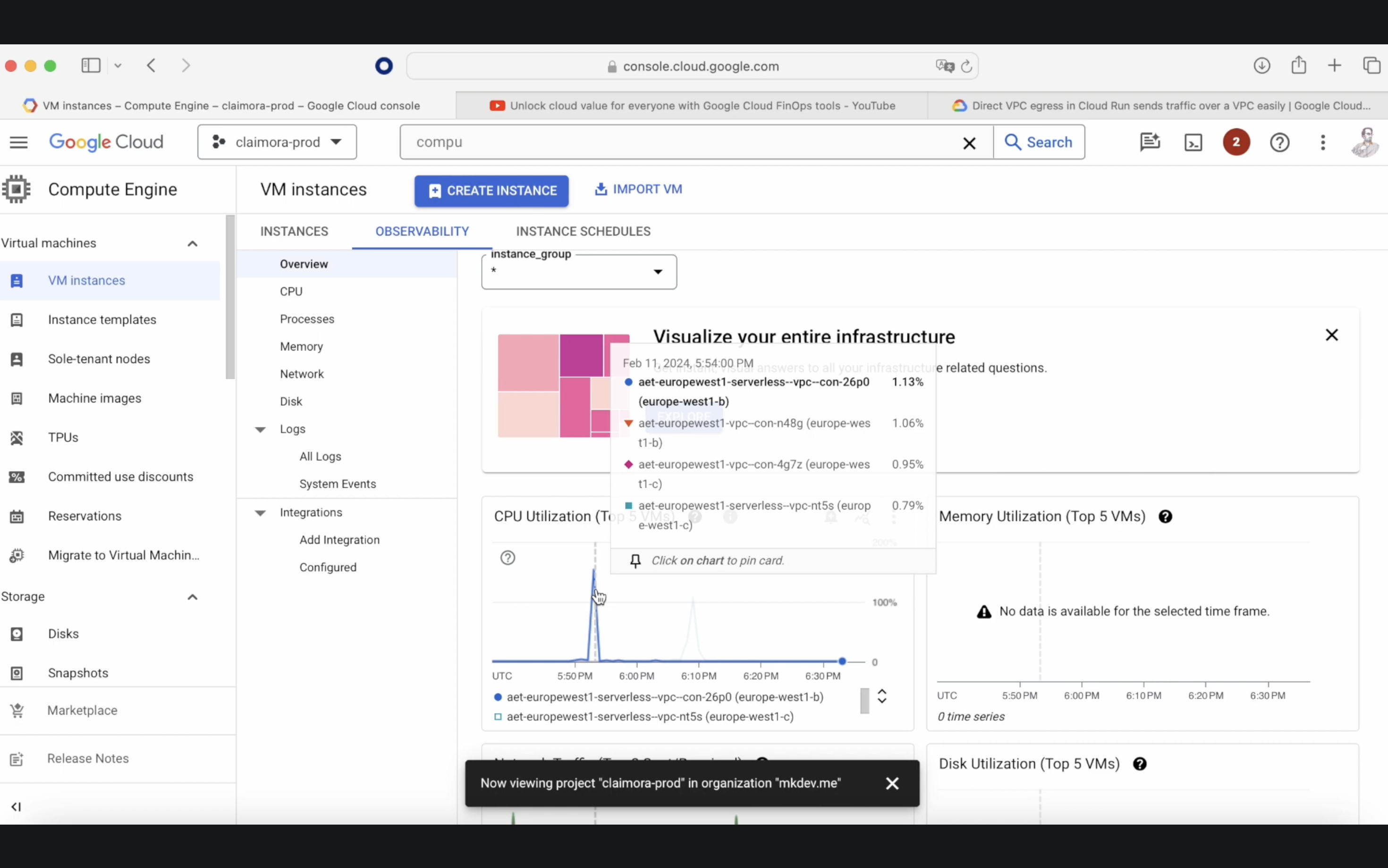 Screenshot of Google Cloud Console showing the Compute Engine dashboard with an instance group selected, CPU and memory utilization charts, and sidebar menu options.