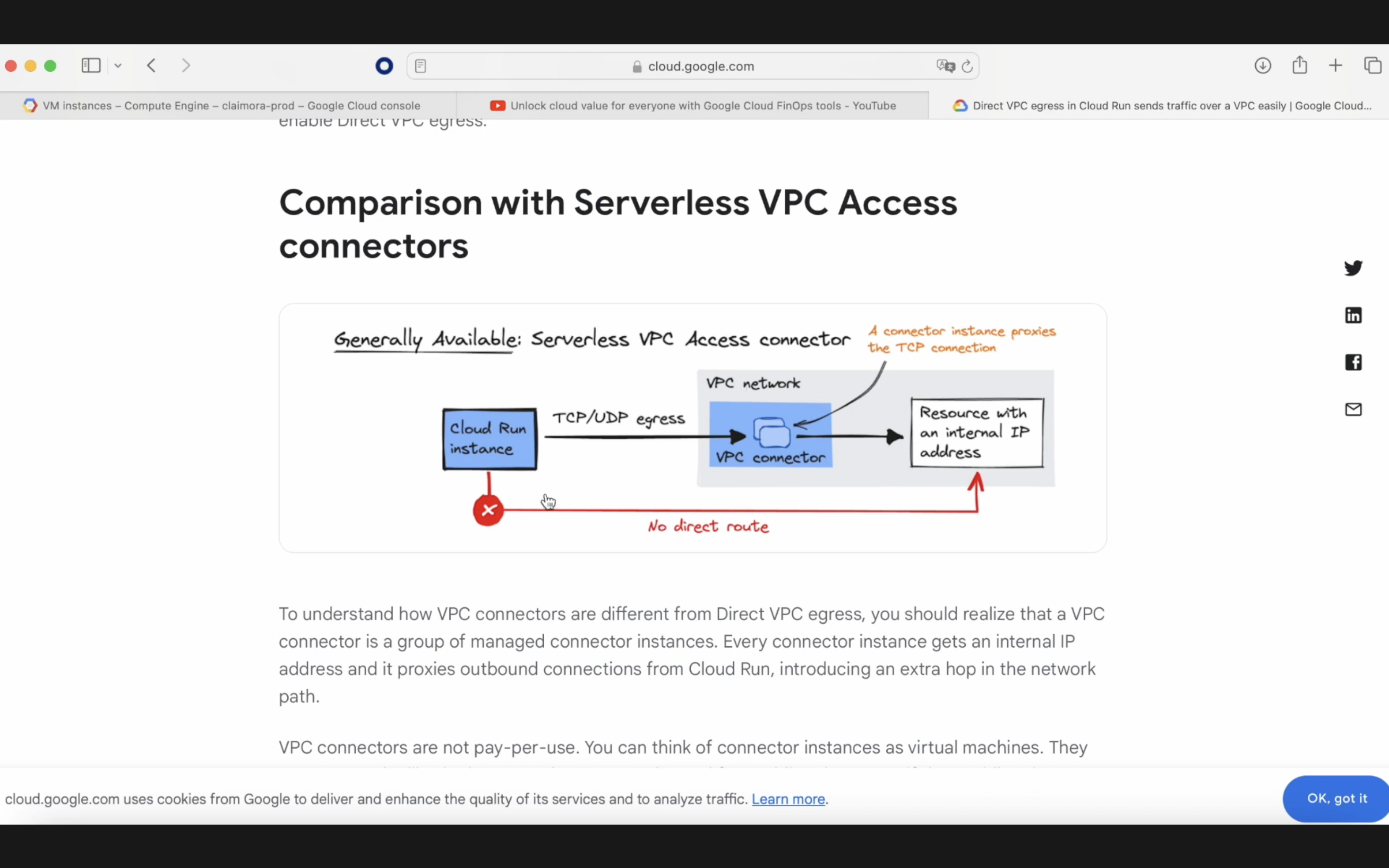 A screenshot of a comparison diagram titled 'Comparison with Serverless VPC Access connectors' on a webpage, showing the architecture of network connections between a Cloud Run instance, VPC connector, and a resource with an internal IP.