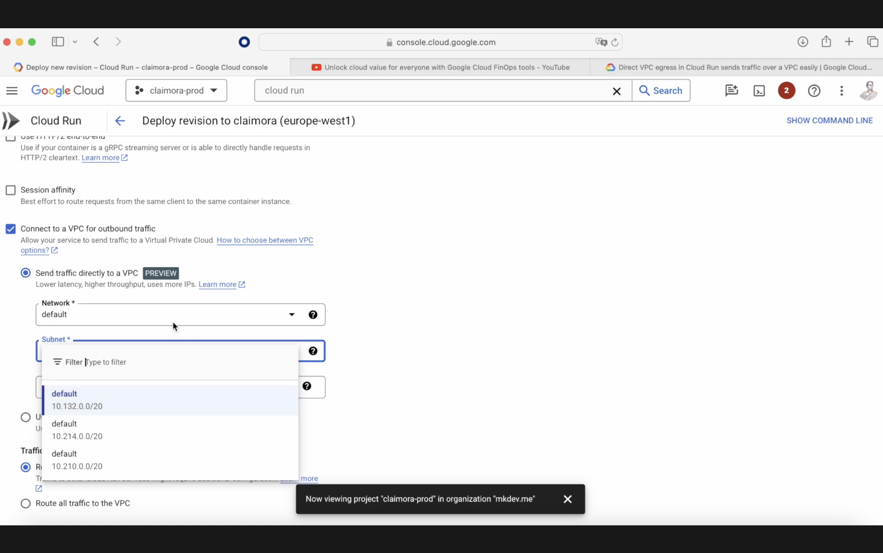 Screenshot of Google Cloud Platform interface showing the Cloud Run service with options for deploying a revision, specifically a section on connecting to a VPC for outbound traffic.