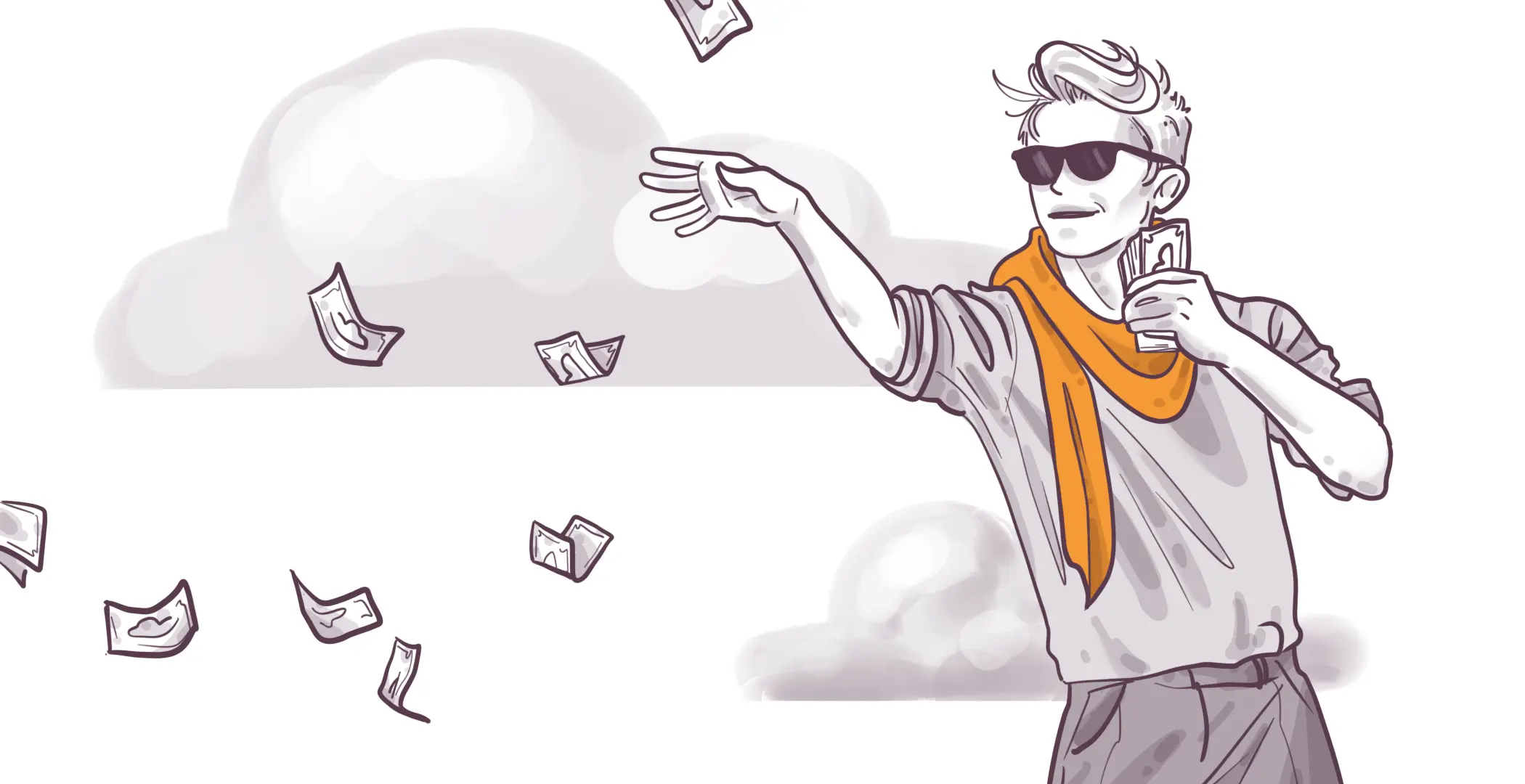 Illustration of a stylish person with sunglasses and a scarf throwing money to the air, with bills floating around them.