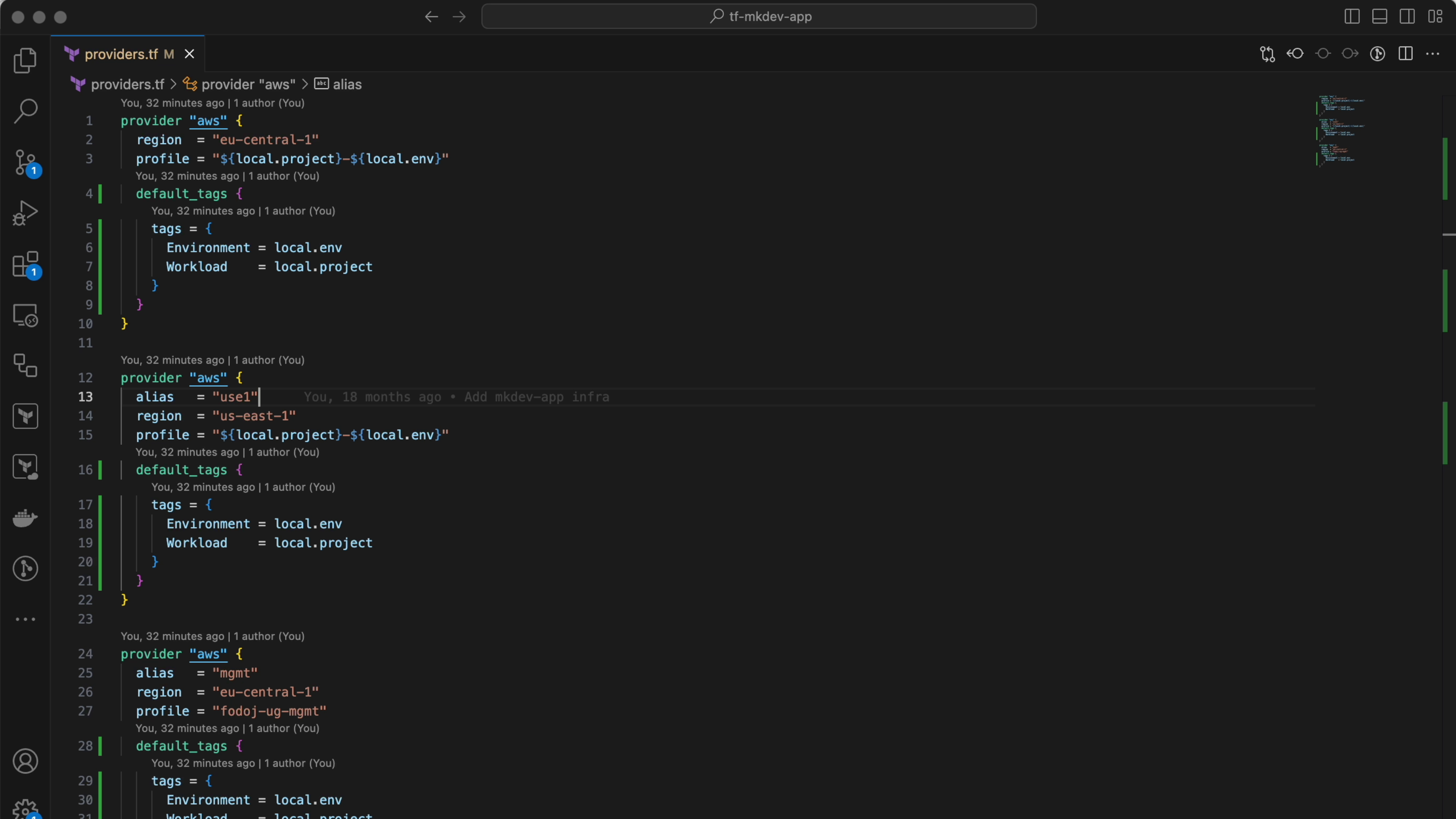 Screenshot of a code editor displaying Terraform configuration for multiple AWS providers with different aliases and regions specified.