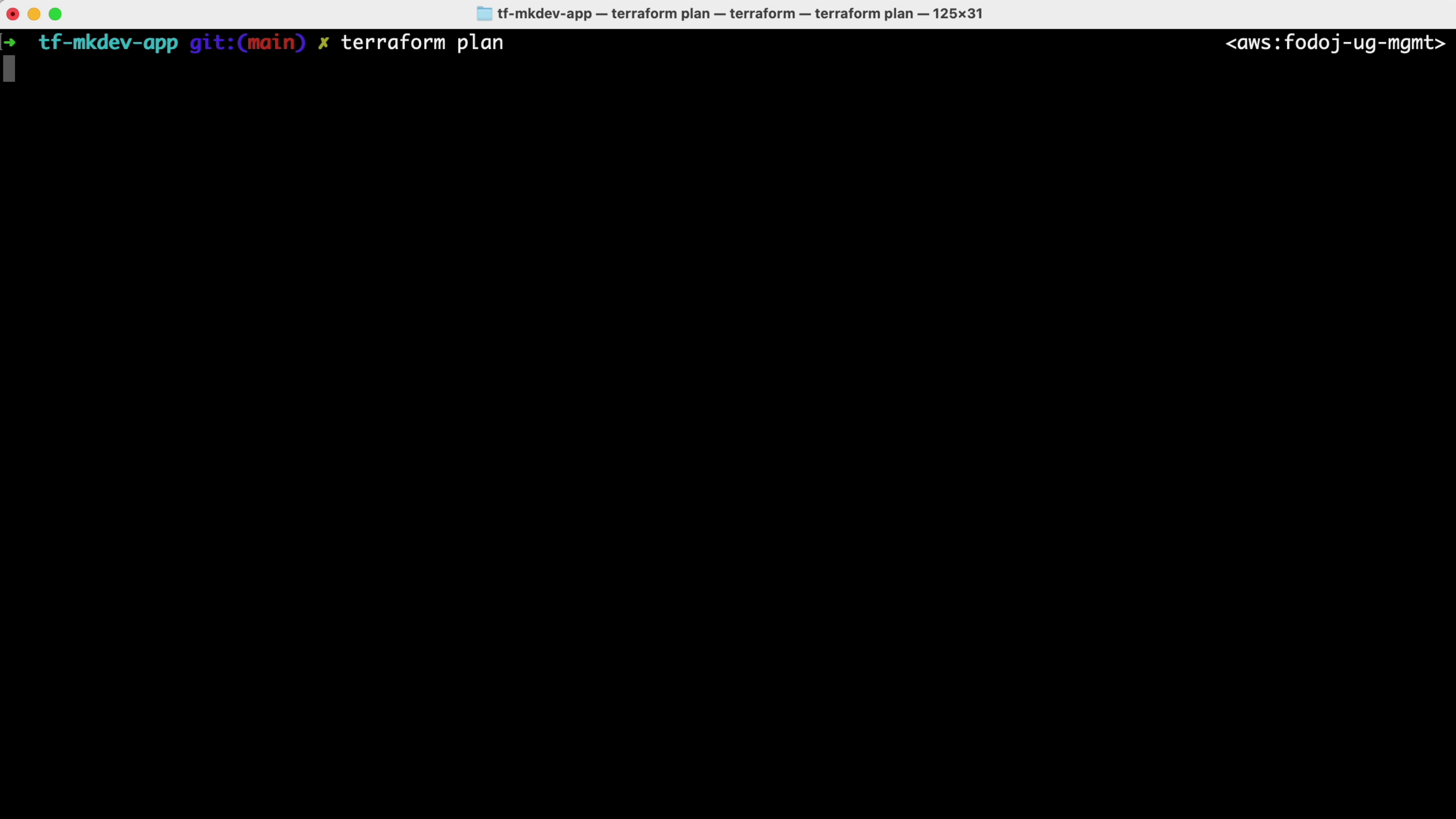 Command line interface showing a prompt with 'terraform plan' command typed, within a window named 'tf-mkdev-app' on a computer with multiple tabs open on the terminal application.