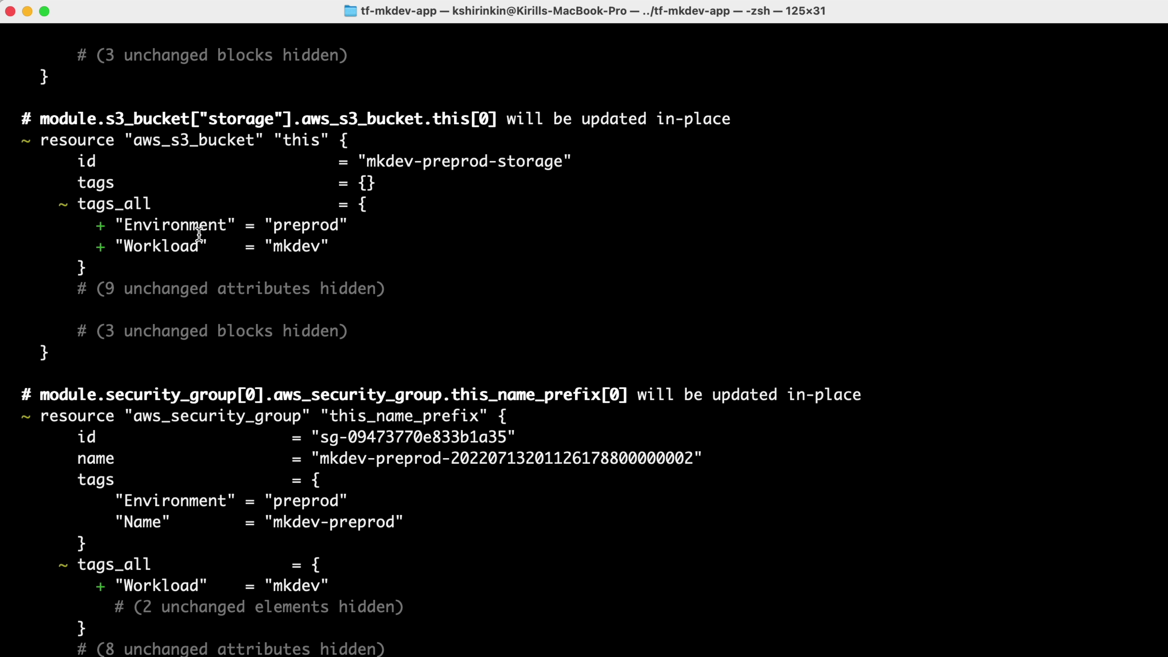 Screenshot of a computer terminal displaying code, possibly Terraform configuration, with highlighted changes to AWS S3 bucket and security group resources.