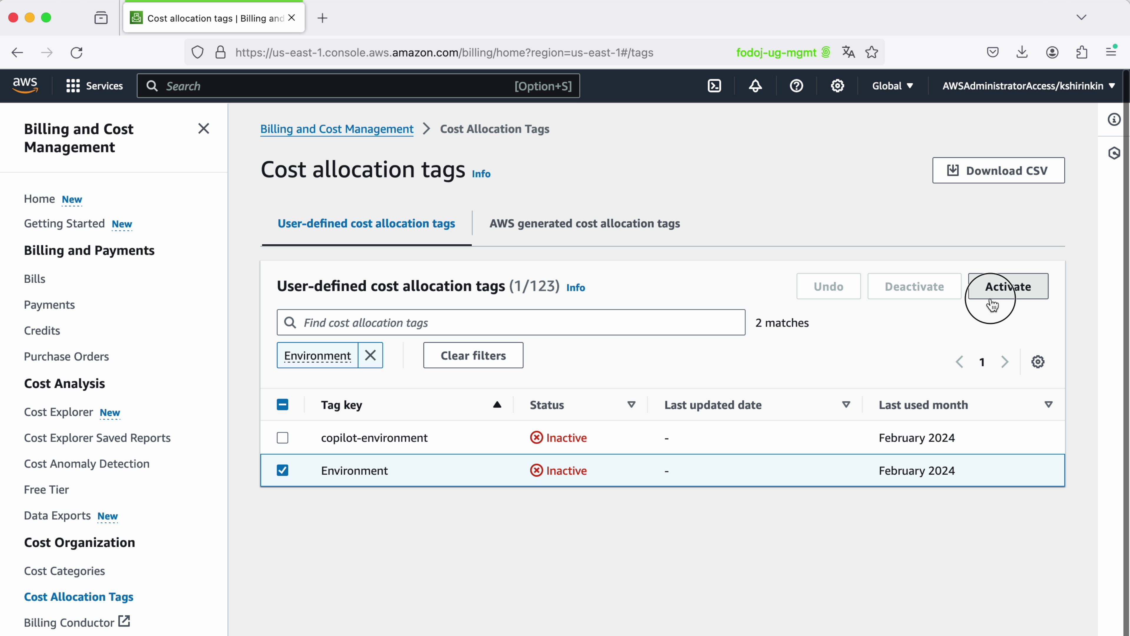 Screenshot of the AWS Management Console displaying the Billing and Cost Management dashboard, specifically the Cost Allocation Tags section with options to manage user-defined cost allocation tags.