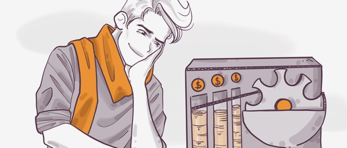 Illustration of a thoughtful person with hand on cheek looking at a machine with coin slots and gauges, possibly indicating financial considerations or savings.
