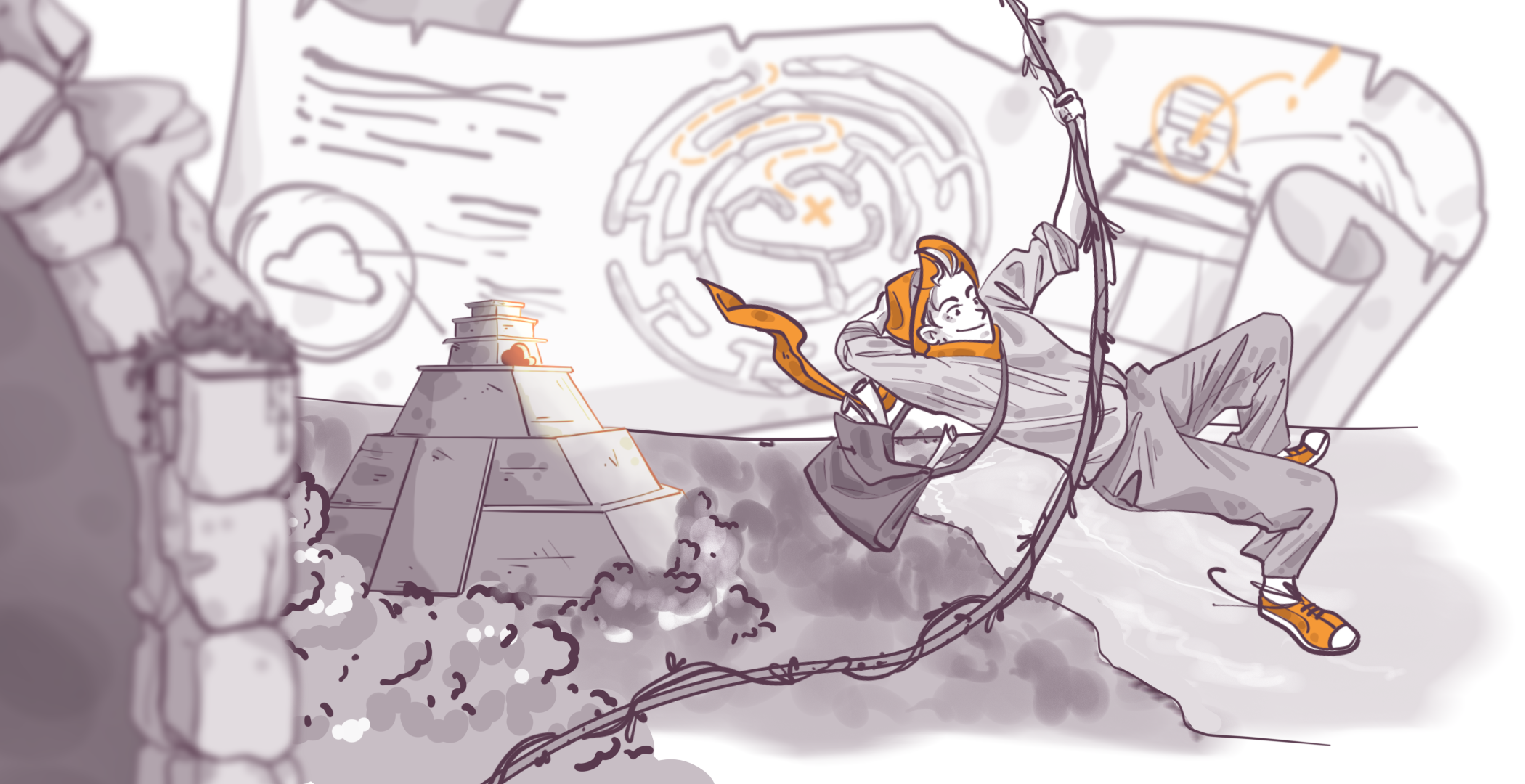 Illustration of a person with futuristic gear, swinging on a vine in a grey-toned, sci-fi environment with Mayan-inspired architecture and symbols.