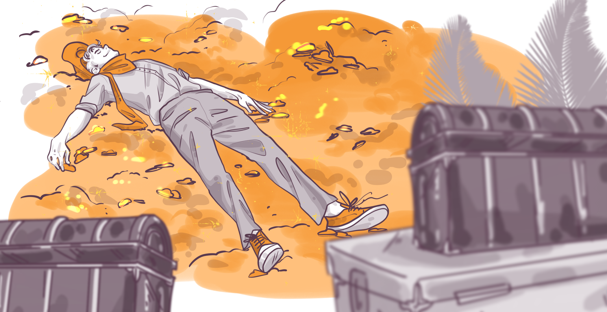 Illustration of a person lying on their back in a pile of autumn leaves, with a relaxed posture and wearing a cap, scarf, and sneakers. Nearby are two large, dark storage bins.