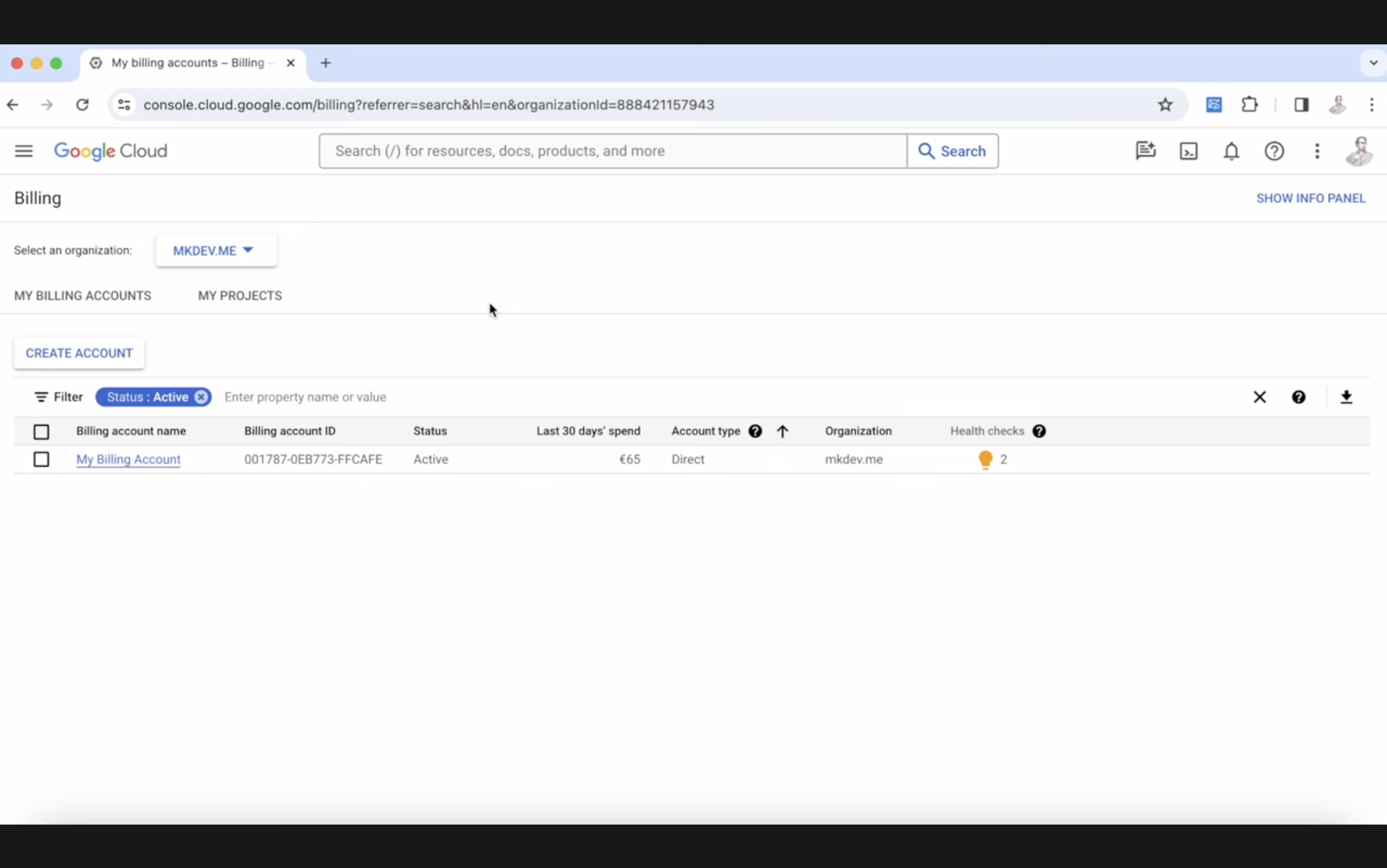 Screenshot of a Google Cloud Billing page showing an active billing account, recent spend, and options for creating a new account and filtering existing accounts.