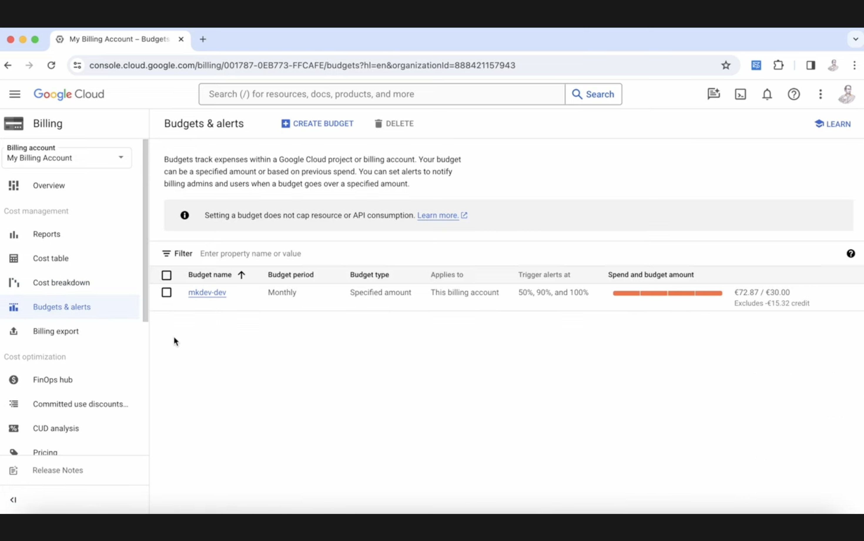 Screenshot of Google Cloud Billing interface displaying 'Budgets & alerts' with a highlighted budget for 'mkdev-dev', including settings for budget period, type, and spend alerts.