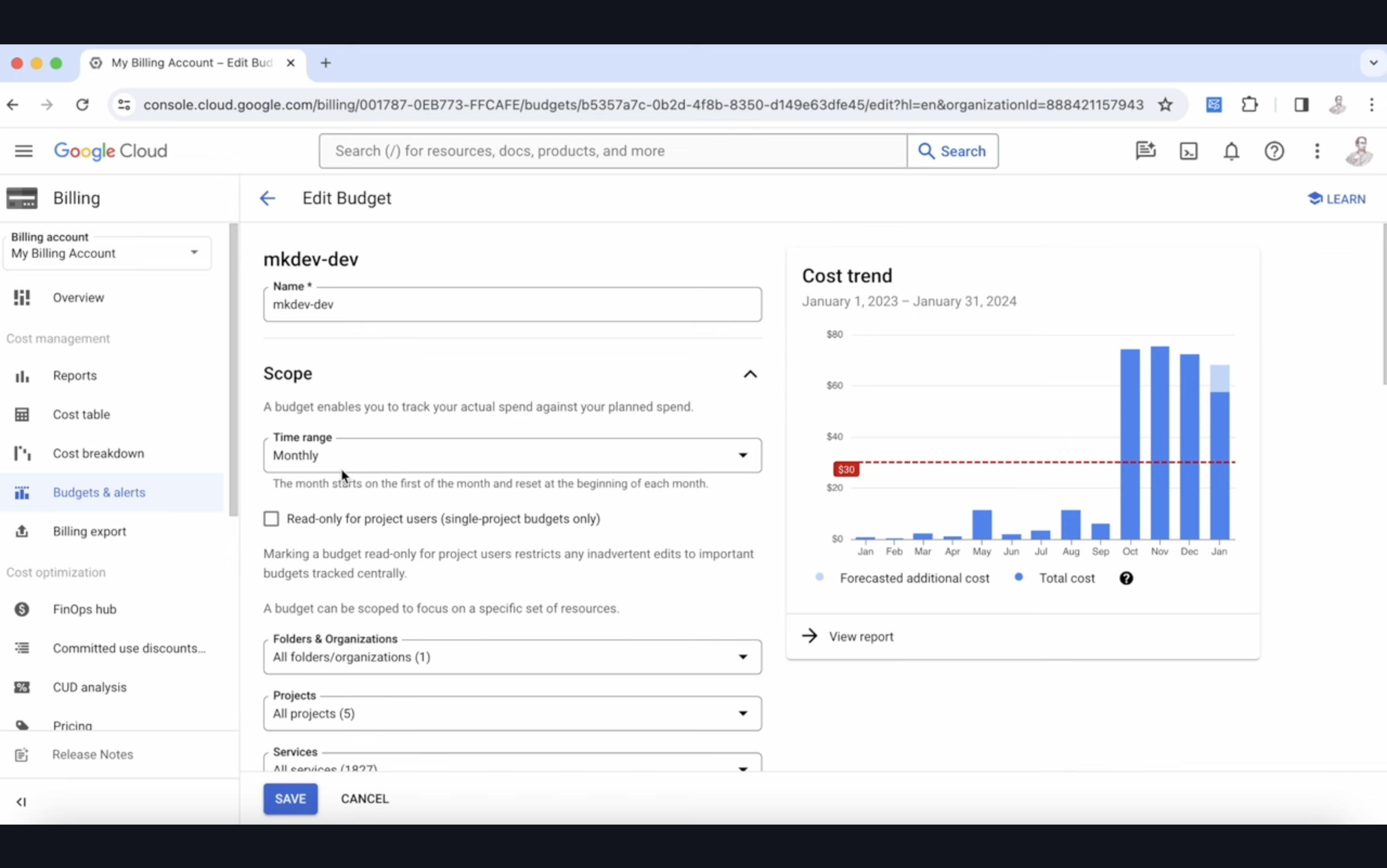 Screenshot of Google Cloud Billing account interface showing the 'Edit Budget' page with fields for 'Name', 'Scope', and a 'Cost trend' bar graph for the year.