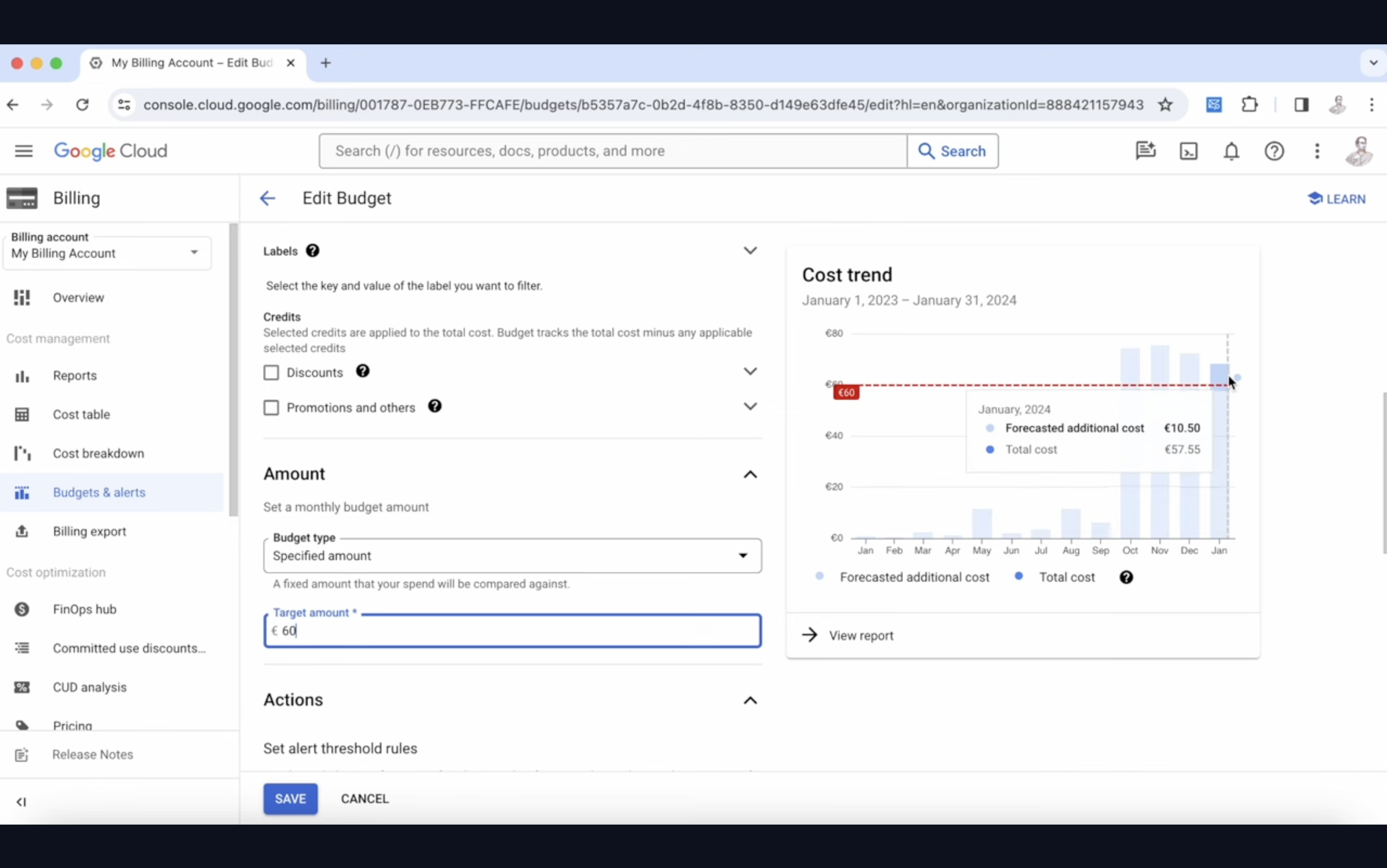 Screenshot of Google Cloud Billing account interface showing an 'Edit Budget' section, with options for labels, credits, setting a budget amount, and a 'Cost trend' graph for January 2023 to January 2024.