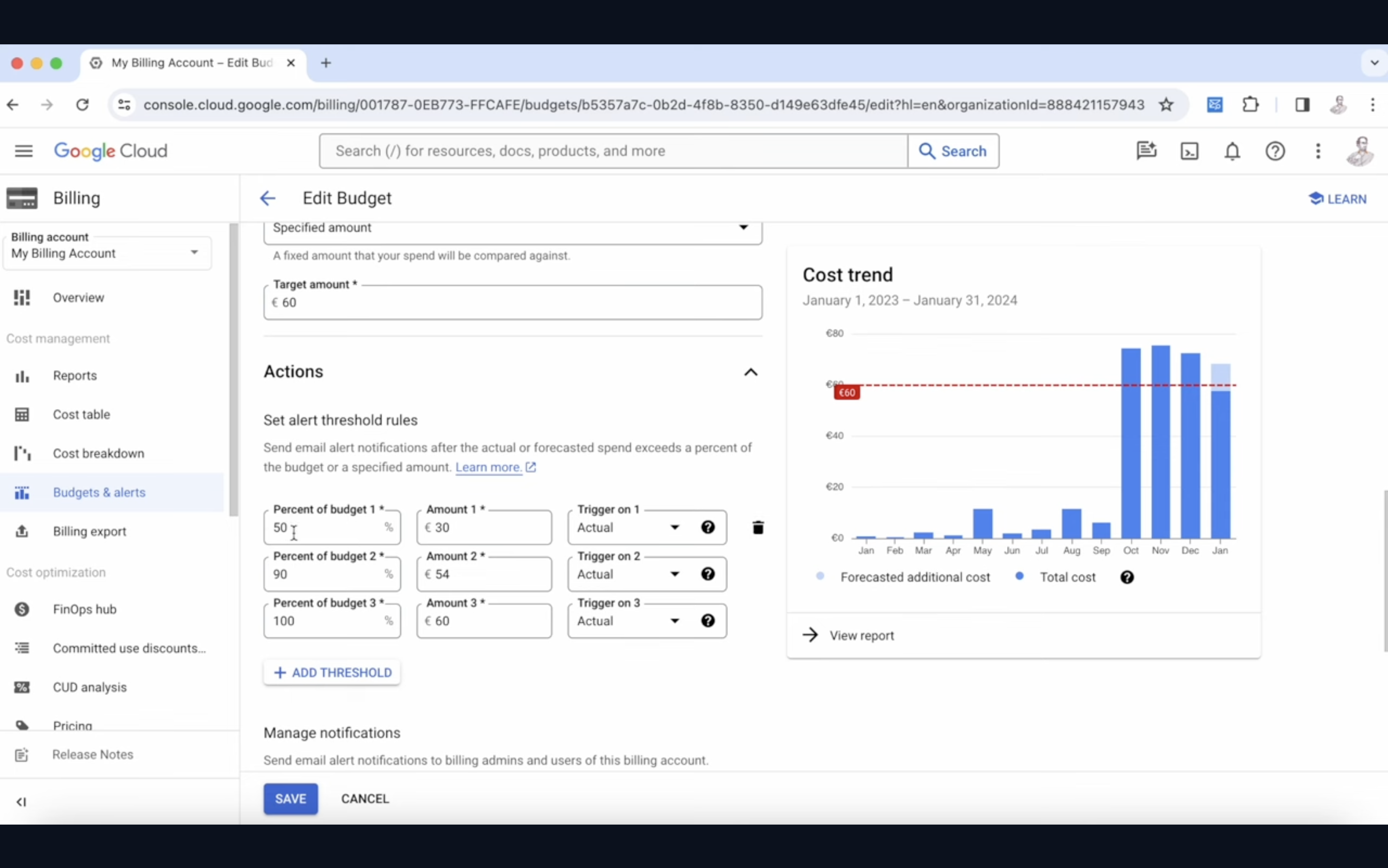 Screenshot of Google Cloud Billing interface showing 'Edit Budget' section with fields for target amount and alert thresholds, and a 'Cost trend' bar graph displaying forecasted and total costs over months.