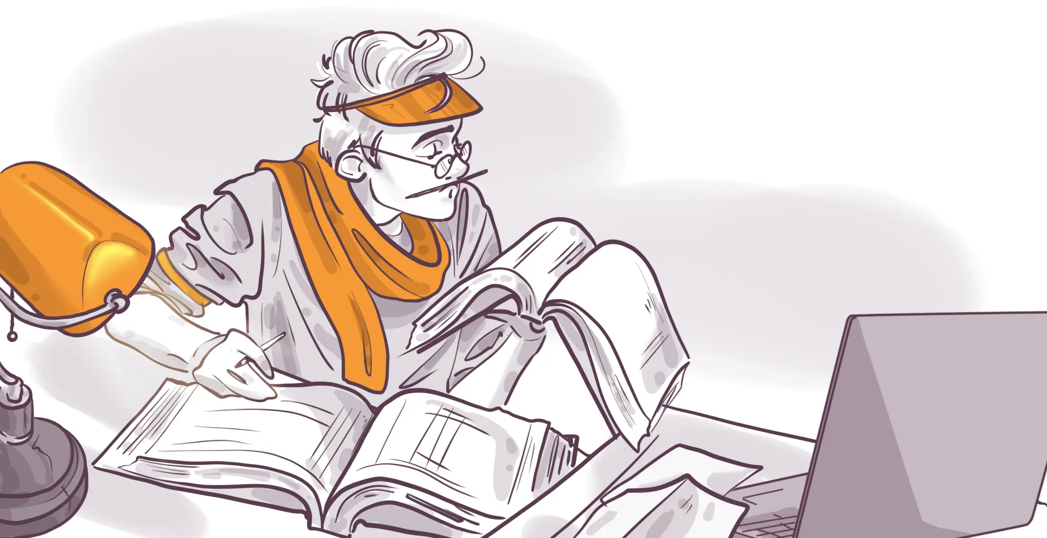 Illustration of a focused individual with glasses studying a large book at a desk with an open lamp and a laptop nearby, in a grayscale color scheme with orange accents.